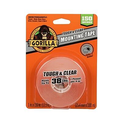 **GORILLA TAPE**

**TOUGH & CLEAR MOUNTING TAPE**

**150 CHE**

**BONDS PERMANENTLY**  
Brick, Metal, Wood, Ceramic, Stone, More

**1 Pound**  
Holds up to **38 lbs.** per 4 in.

**1 in x 150 in (25.4 mm x 3.81 m)**

**TOUGH & CLEAR**  
**100% TOUGH & CLEAR**

**1 in x 150 in (25.4 mm x 3.81 m)**
