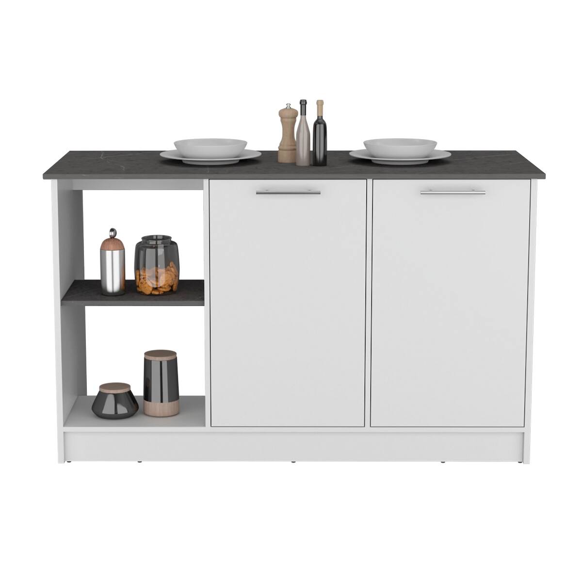 Back. Loheer - Loheer White Kitchen Island with Large Countertop Double Door Cabinet - White.