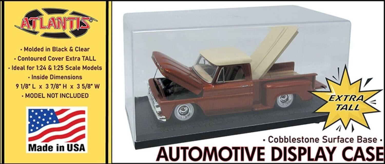 ATLANTIS  
Molded in Black & Clear Contoured Cover Extra TALL Ideal for 1:24 & 1:25 Scale Models  
Inside Dimensions 9 1/8" L X 3 7/8" H X 3 5/8" W  
MODEL NOT INCLUDED  
EXTRA TALL  
Made in USA  
Cobblestone Surface Base  
AUTOMOTIVE DISPLAY CASE