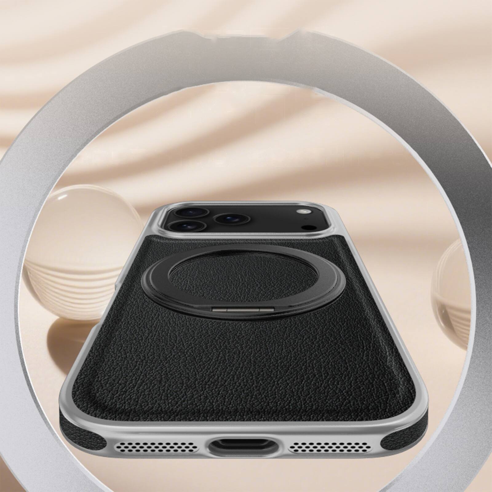 Angle. Dteck - Magnetic Shockproof Phone Case for Apple iPhone 17 Pro with 360 Rotating Ring Stand, PU Leather Hard PC Protective Cover - Black.