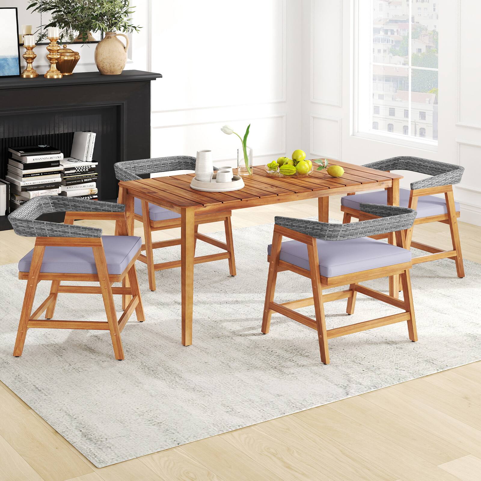 Alt View 3. Gymax - Gymax 5PCS Patio Dining Set Solid Wood Furniture w/ Rattan Backrest & Seat Cushions - Mix Gray.