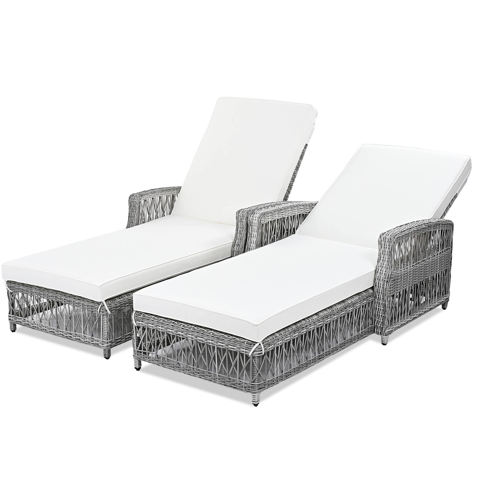 Angle. Mondawe - 2 Pieces Wicker Long Reclining Chaise Patio Adjustable Recliner with Soft Removable Cushions - Beige+Grey.