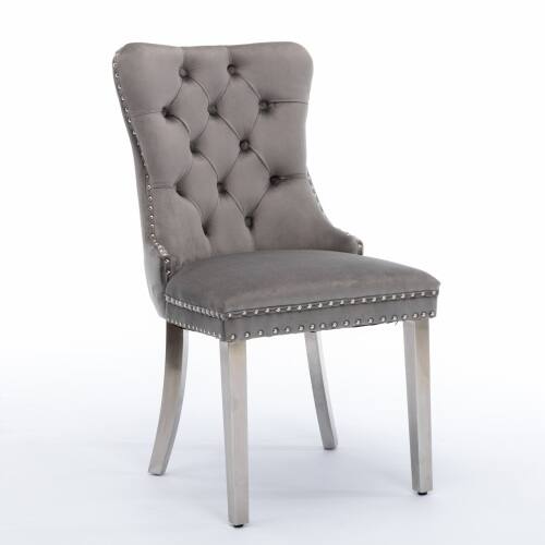 Alt View 1. LUCKY ONE - Assembled Tufted Velvet Dining Chair Set of 2 with Chrome Stainless Steel Legs Nailhead Trim - Gray.