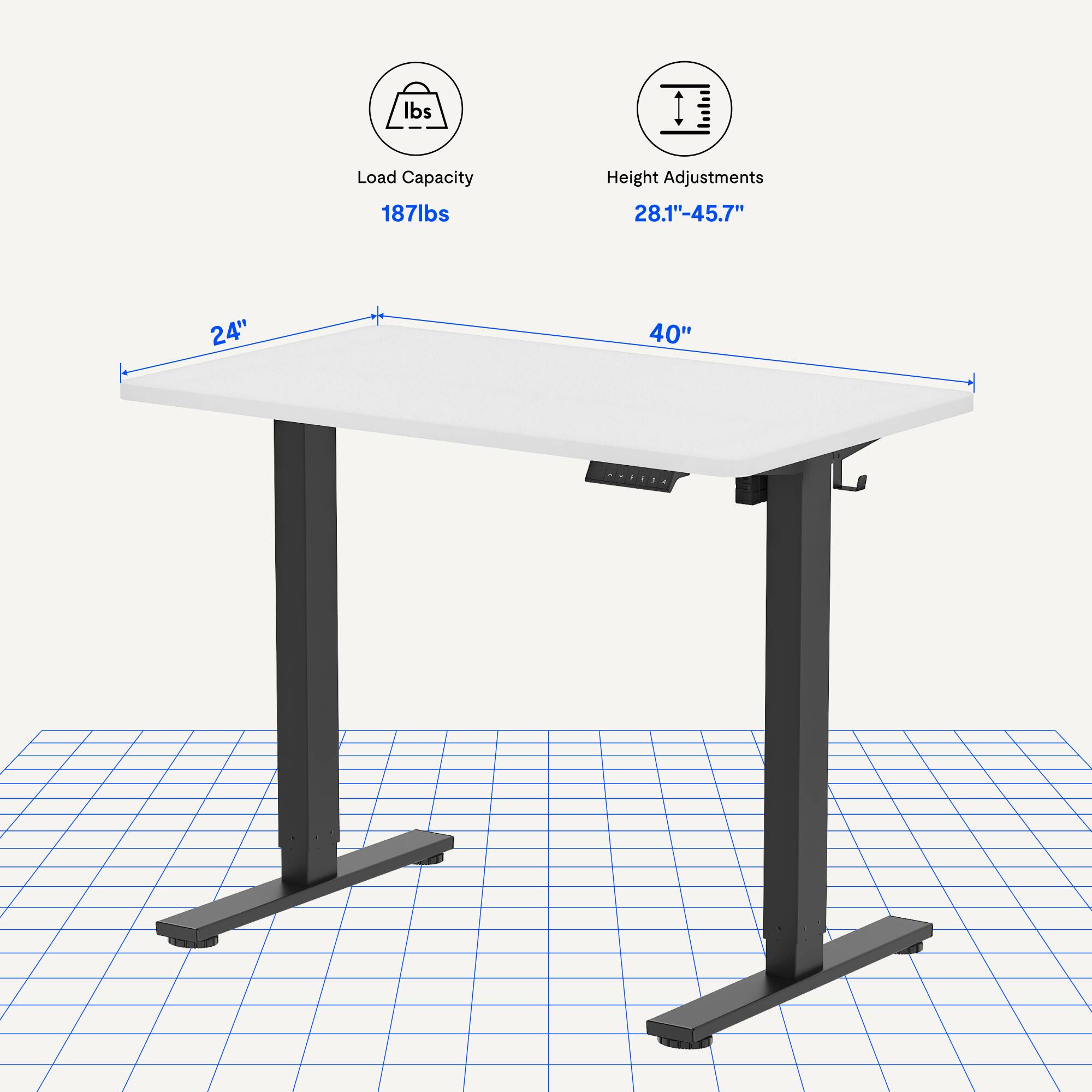 Load Capacity: 187 lbs  
Height Adjustments: 28.1" - 45.7"  
Table Dimensions: 24" x 40"