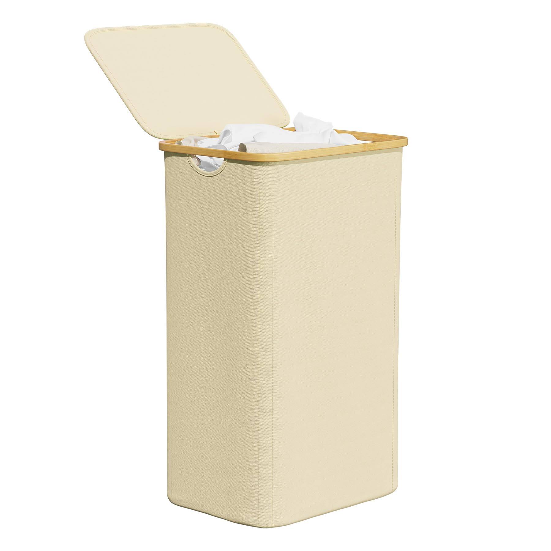 Front. Dapper Styles - Slim Laundry Hamper With Lid 65l Narrow Clothes Basket Bin Handles Skinny Tall Collapsible For Bedroom Bath... - Beige-160L 2 Section.