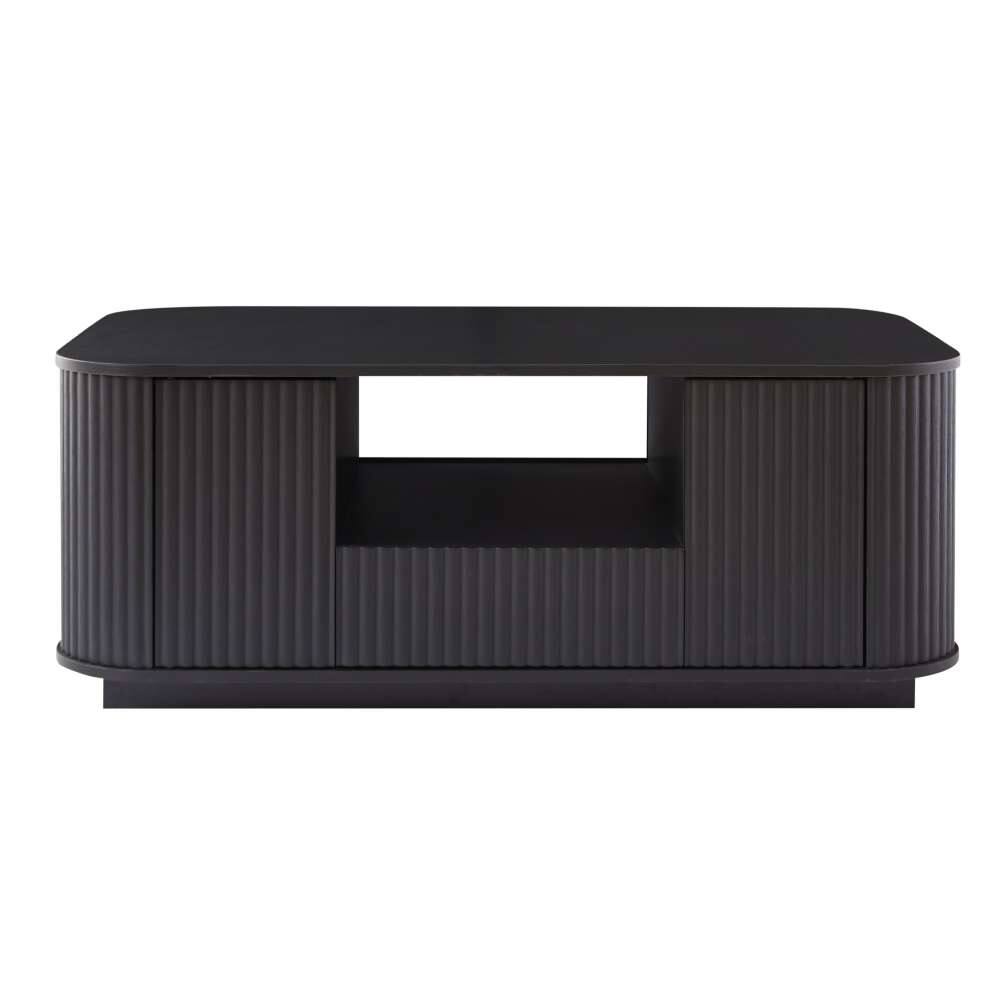 Back. Lirago - 47" Modern Oval Coffee Table Black with Drawers Storage Open shelving Compartments Curved Contour Design - Black.
