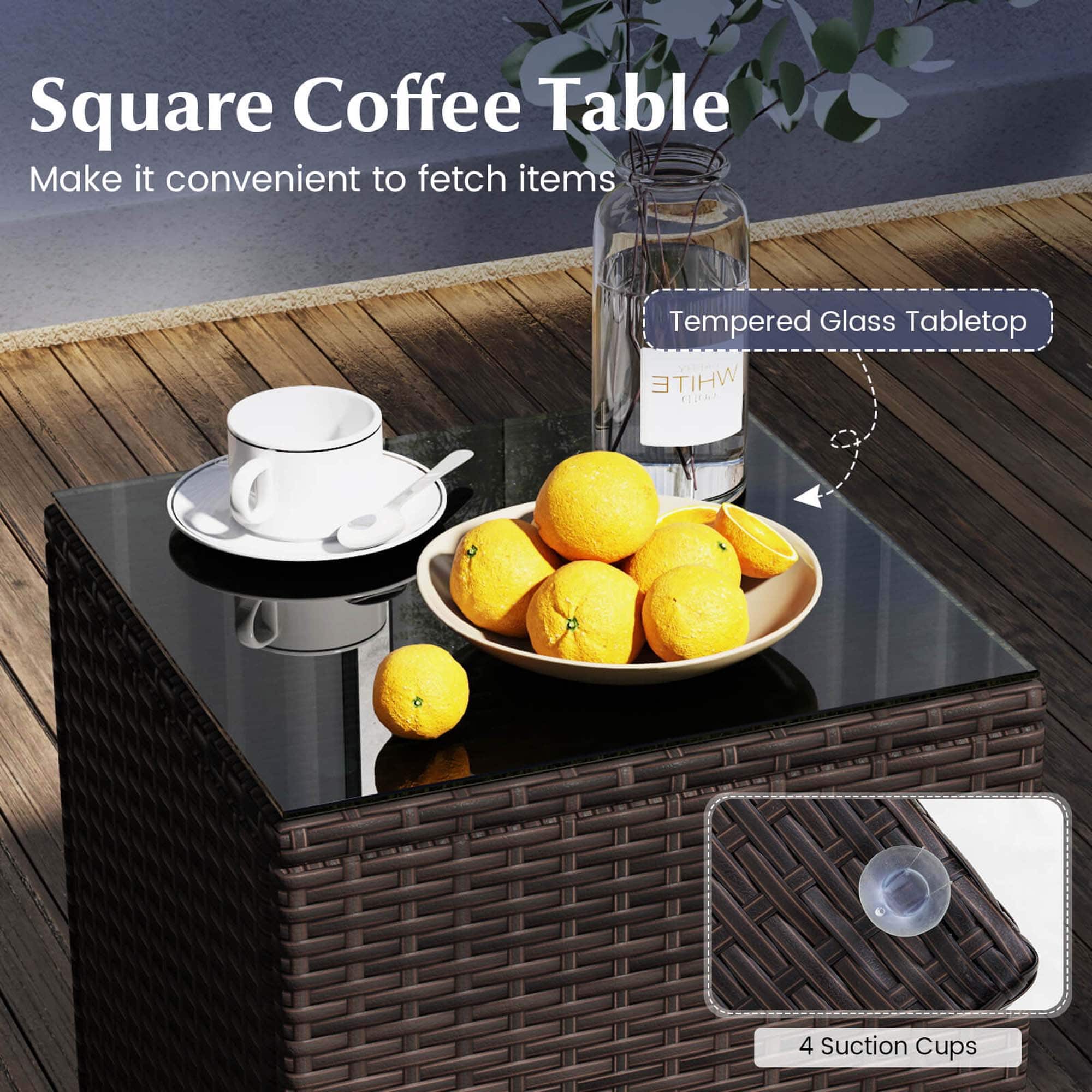 Square Coffee Table: Make it convenient to fetch items. Tempered Glass Tabletop. White mo 4 Suction Cups.