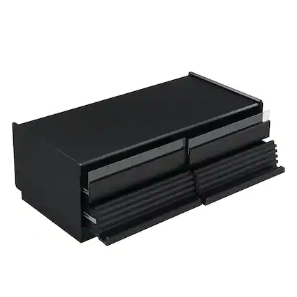 Front. Ecooso - Coffee Table Modern Rectangle with 4 Drawers and 2 Shelves, Fluted Style Tempered Glass Center Table - Black.
