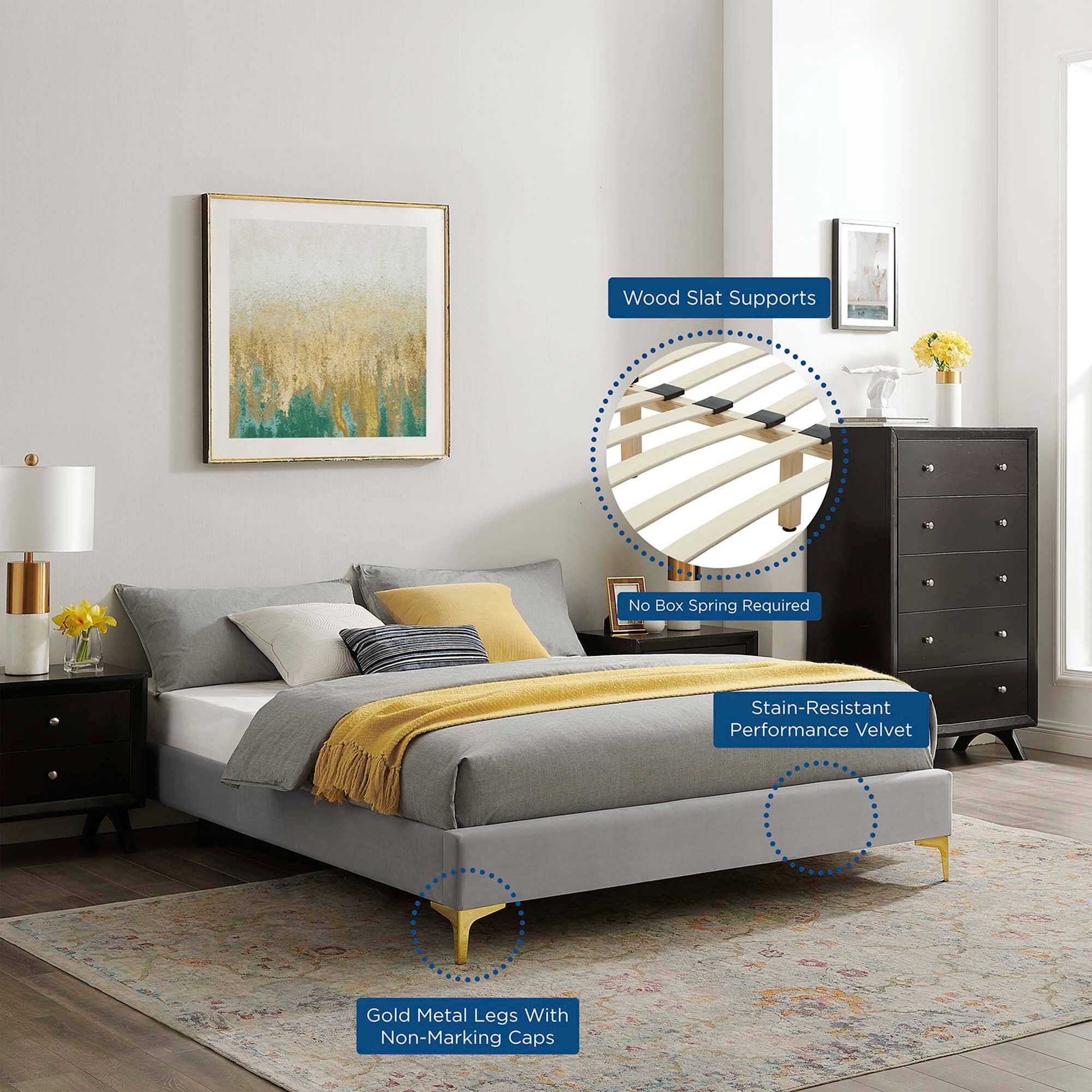- Wood Slat Supports
- No Box Spring Required
- Stain-Resistant Performance Velvet
- Gold Metal Legs With Non-Marking Caps