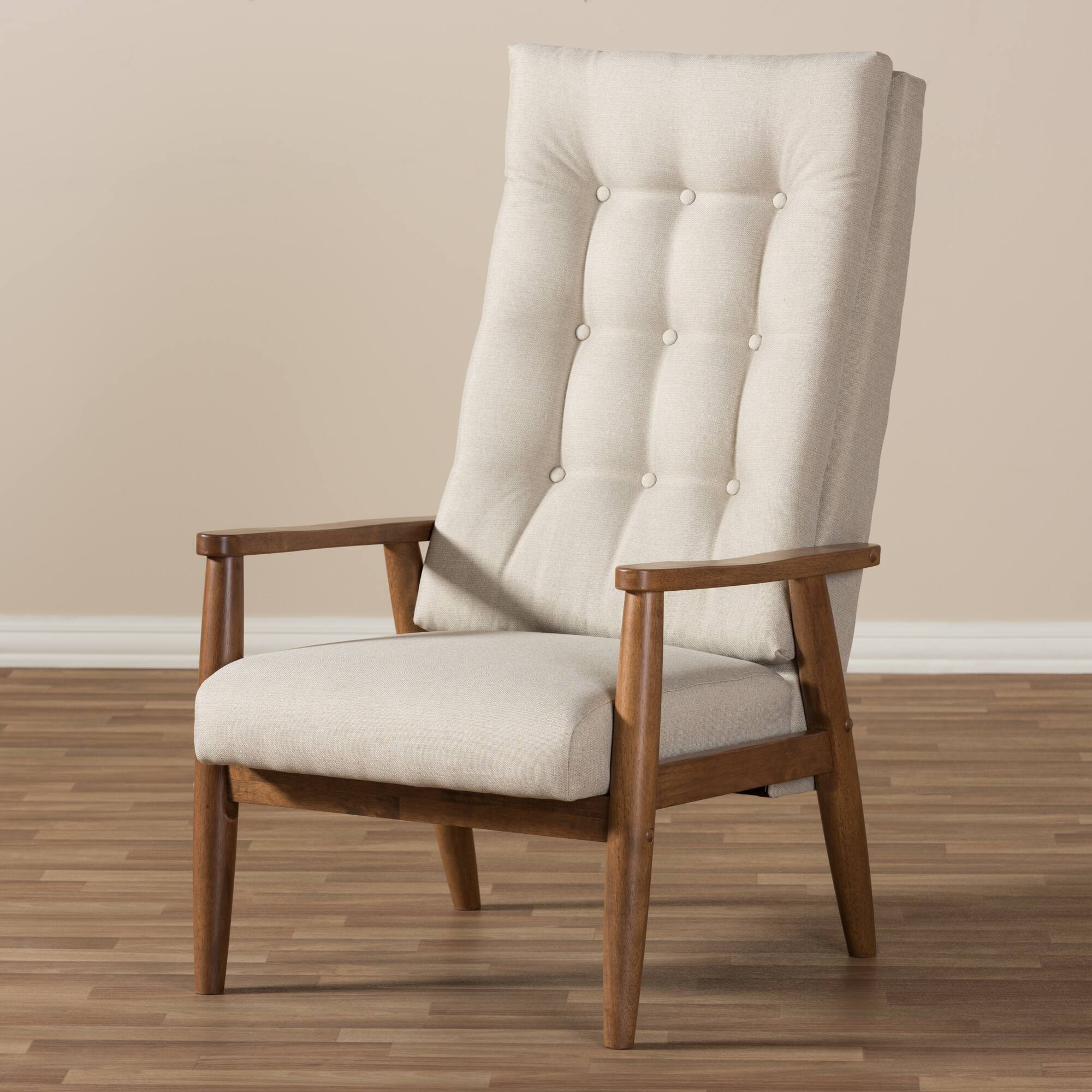 Alt View 4. Baxton Studio - Roxy Mid-Century Modern Walnut Finish Wood and Fabric Upholstered Button-Tufted High-Back Chair - Light Beige/"Walnut" Brown.