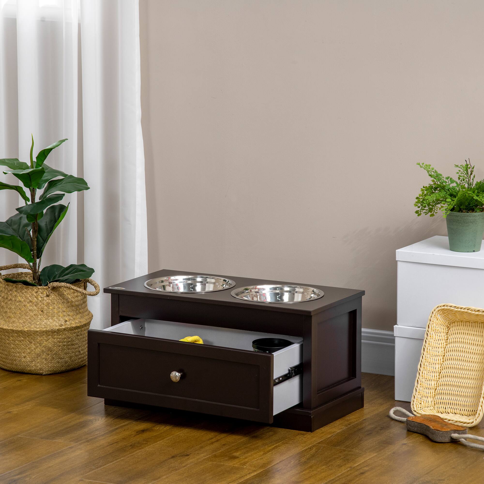 Alt View 5. Pawhut - Elevated Dog Bowls with Storage Drawer Containing 11L Capacity, Raised Bowl Stand, Food Bowl, Feeding Station - Coffee Brown.