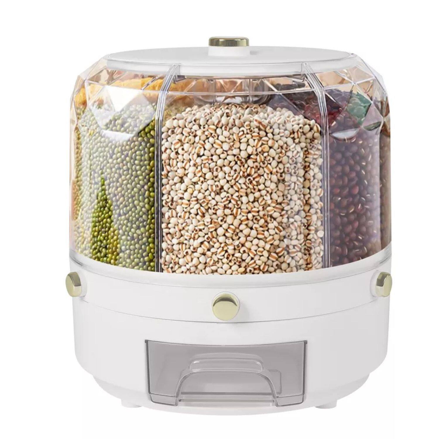Back. Stock Preferred - 6-in-1 Rotating Grain Cereal Dispenser - White Base with Transparent Clear Compartments.