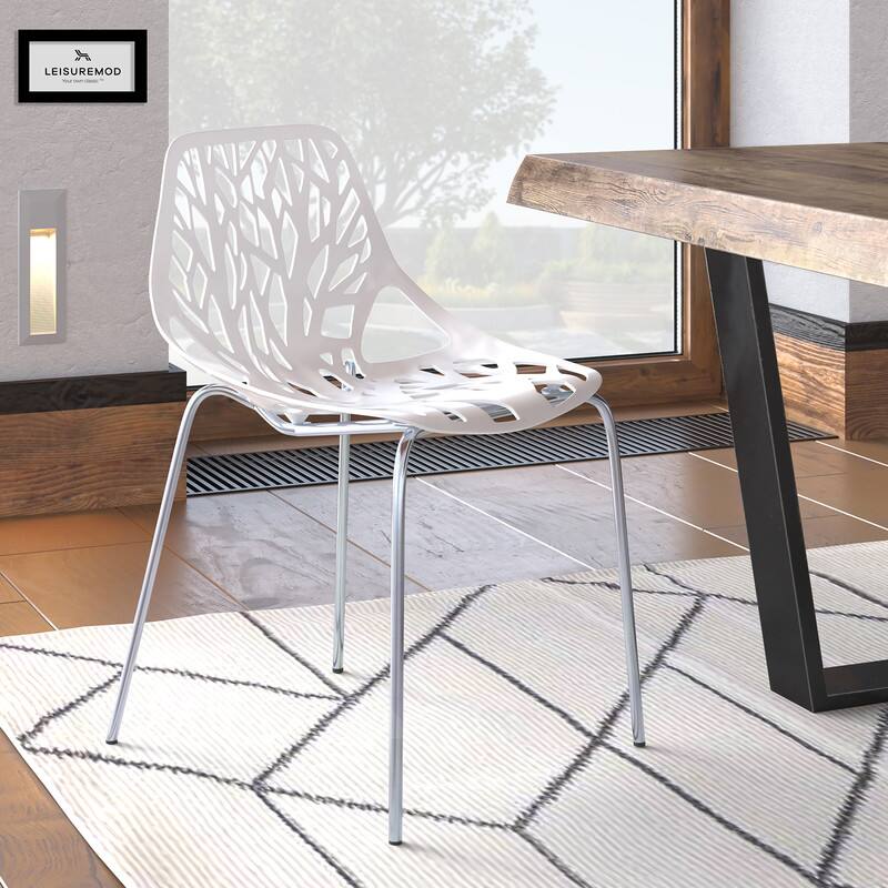 Angle. LeisureMod - Asbury Stackable Modern Dining Chair with Cut Out Design and Chrome Legs Side Chair for Home Living Room - White.