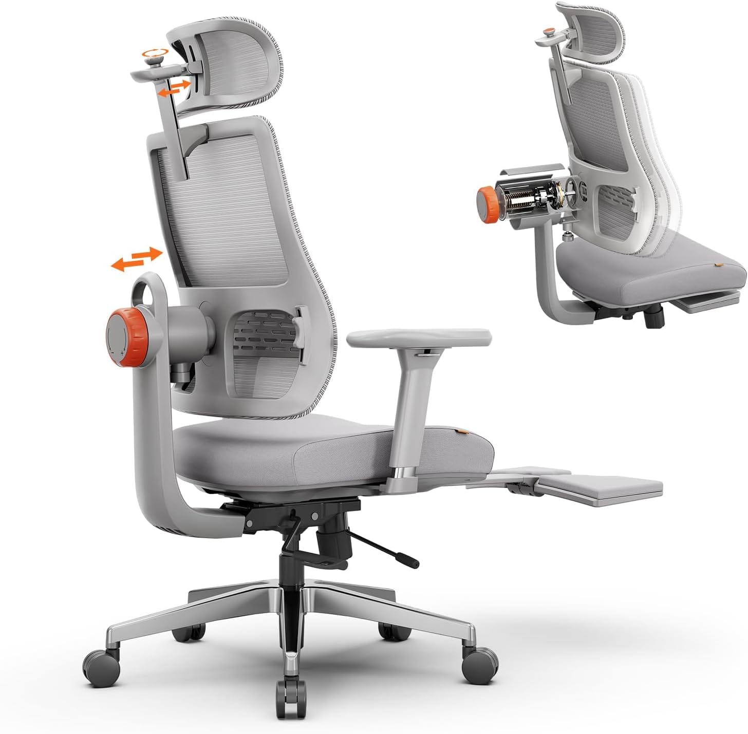 Newtral - Ergonomic Office Chair With Auto-Follow Backrest, Adjustable Lumbar Support, 4D Armrests, Footrest & Waterproof Fabric - Gray