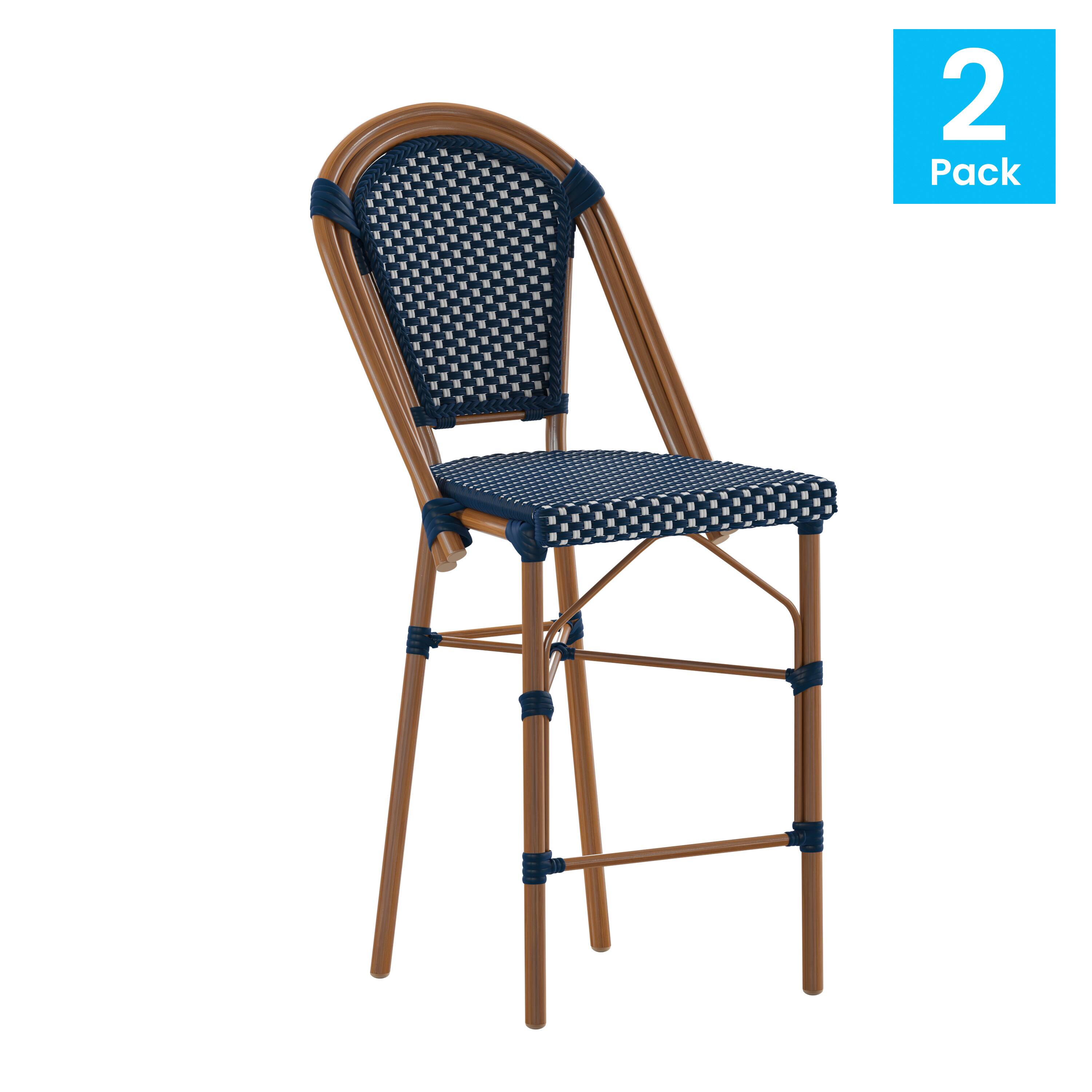Alt View 1. Emma + Oliver - Soie Set of Two 26" High Stacking Bistro Counter Stools with PE Seat and Back and Metal Frames for Indoor/Outdoor Use - Navy & White/Natural Frame.