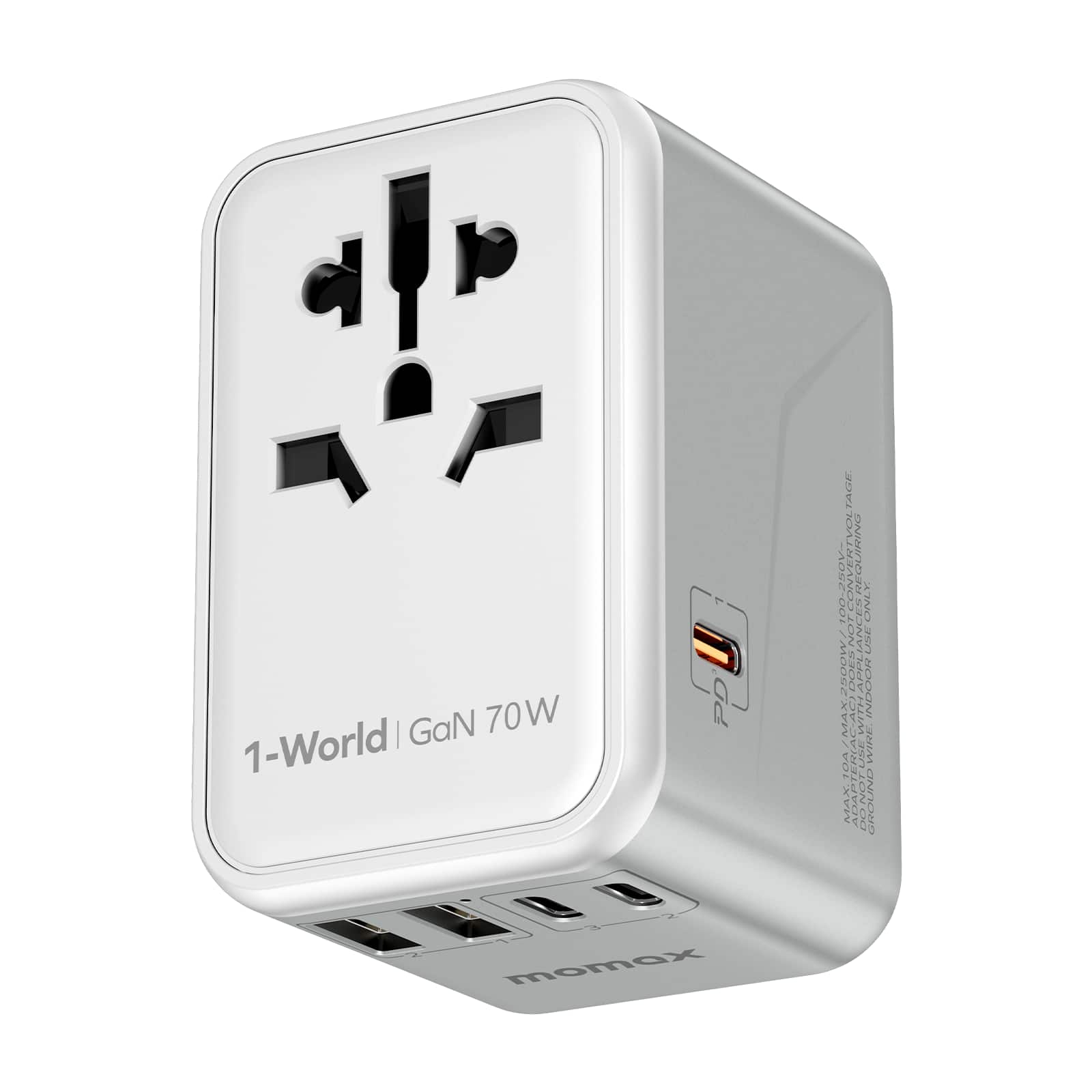 Momax - Universal Travel Adapter 70W GaN, 3 USB-C& 2 USB-A International Power Adapter 6-in-1 for UK/US/AUS/JP - White