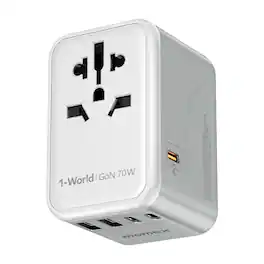 Momax - Universal Travel Adapter 70W GaN, 3 USB-C& 2 USB-A International Power Adapter 6-in-1 for UK/US/AUS/JP - White