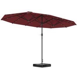 Outsunny - 14.4ft Double Umbrella, Large Outdoor Patio Umbrella with Base Included, Patio Sun Shade with LED Solar Light - Wine Red