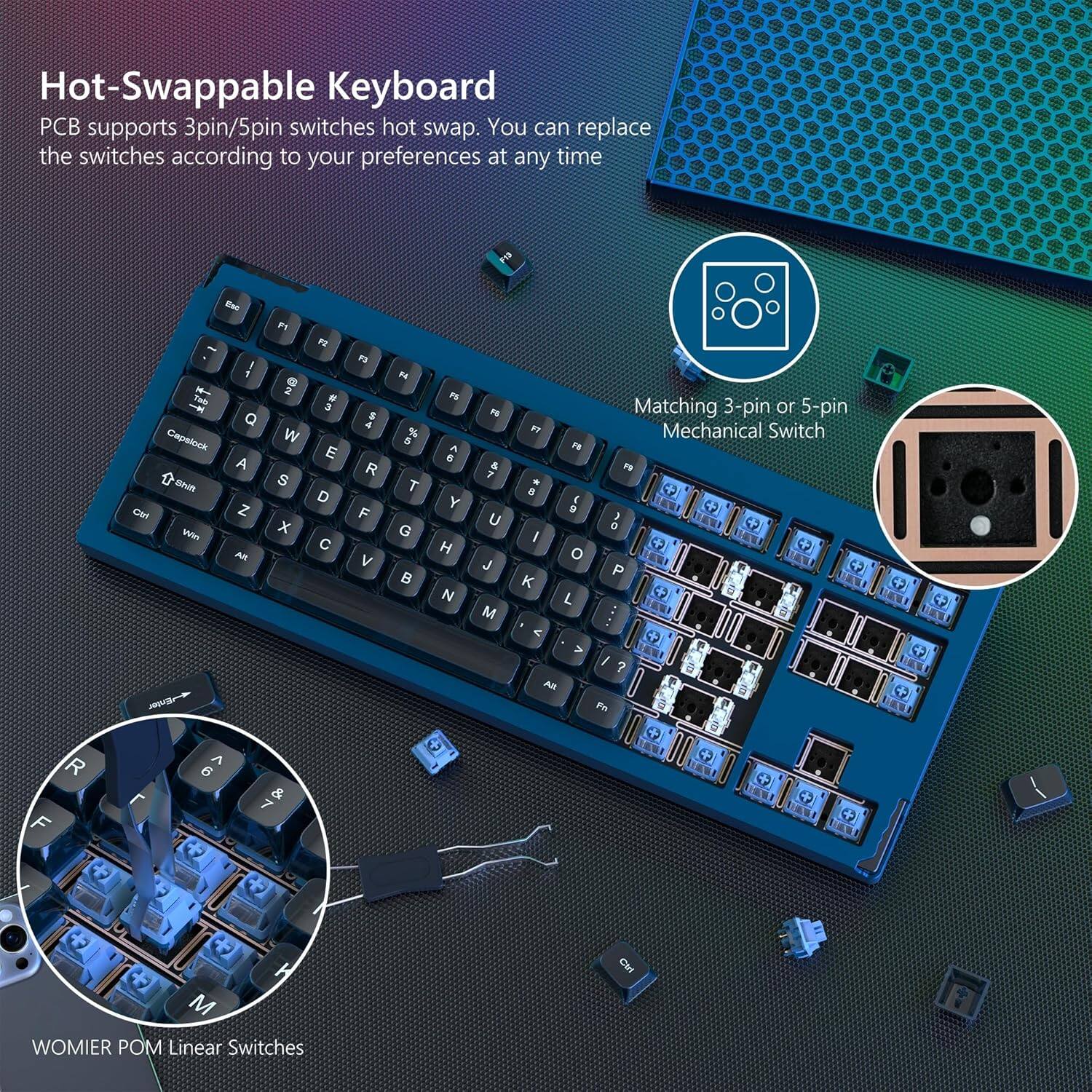 Hot-Swappable Keyboard  
PCB supports 3-pin/5-pin switches hot swap. You can replace the switches according to your preferences at any time.

Matching 3-pin or 5-pin Mechanical Switch

WOMIER POM Linear Switches