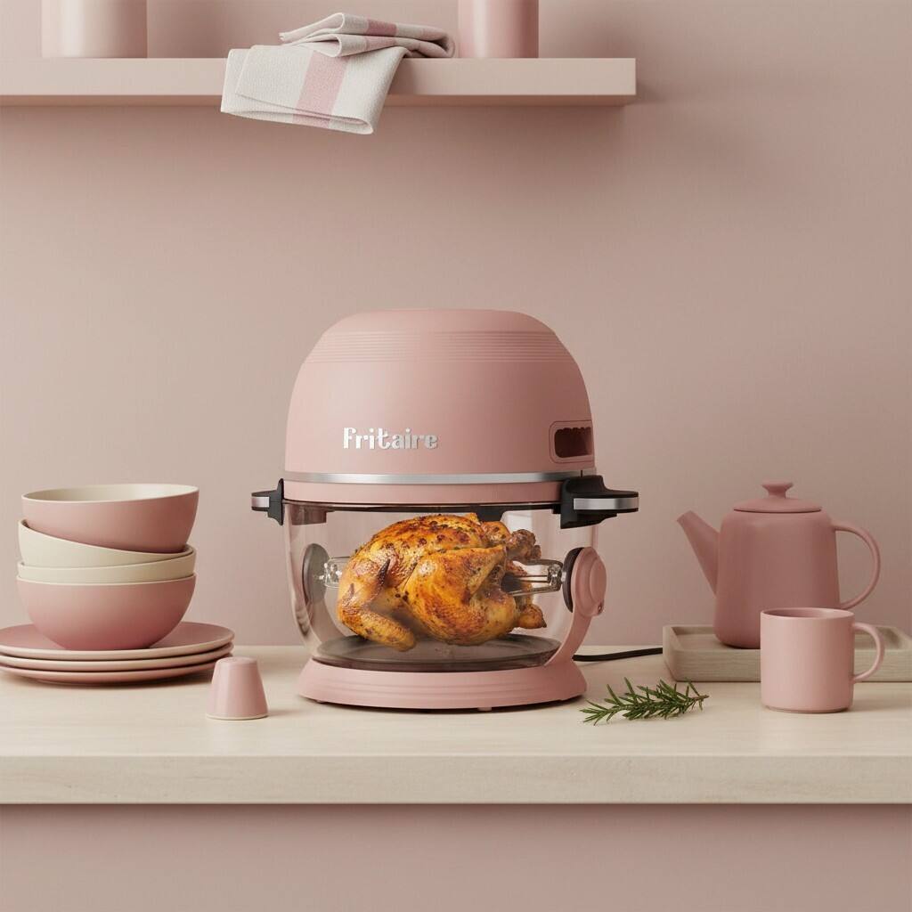 Alt View 1. Fritaire - Non-Toxic Air Fryer - Glass Air Fryer, 5qt, Teflon-Free, PFOA- Free, w/ Accessories - Rotisserie and Tumbling Basket - Mauve Rose.