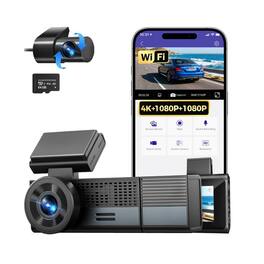 PRIMEPLUS - M500 3-Channel 4K Dash Cam Front and Rear, Built-in 64GB Card WiFi, 4K+1080P+1080P Triple Recording, Voice Control, GPS