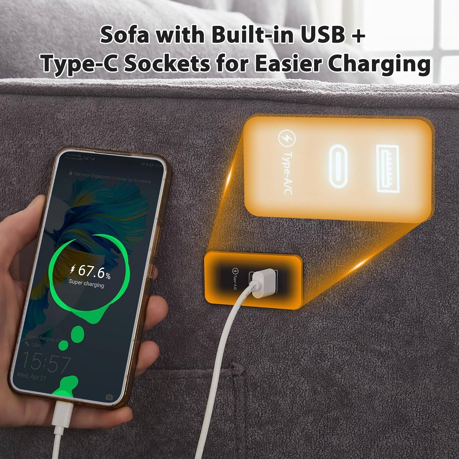 Sofa with Built-in USB + Type-C Sockets for Easier Charging

Use your fingerprint or swipe up to unlock

67.6% Super charging

15:57 Wed, Apr 21
