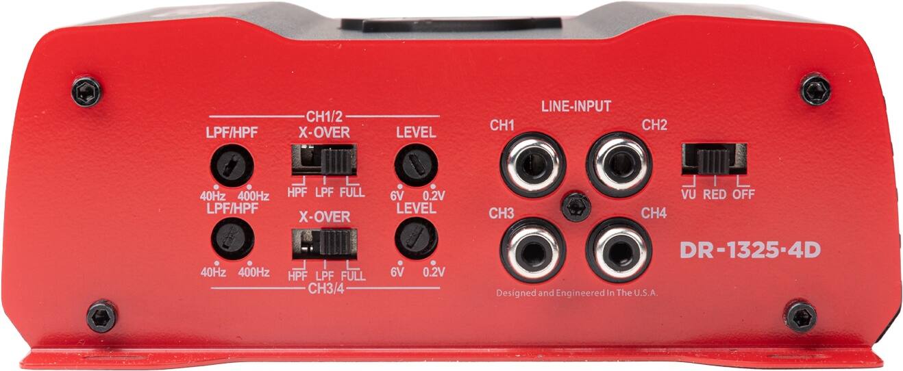 The text on the image is grouped and corrected as follows:

1. LPF/HPF CH1/2 X-OVER LEVEL LINE-INPUT CH1 CH2 40Hz 400Hz LPF/HPF HPF LPF FULL X-OVER 6V 0.2V LEVEL CH3 CH4 VU RED OFF 40Hz 400Hz HPF LPF FULL CH3/4 6V 0.2V
2. DR-1325-4D Designed and Engineered In The U.S.A.