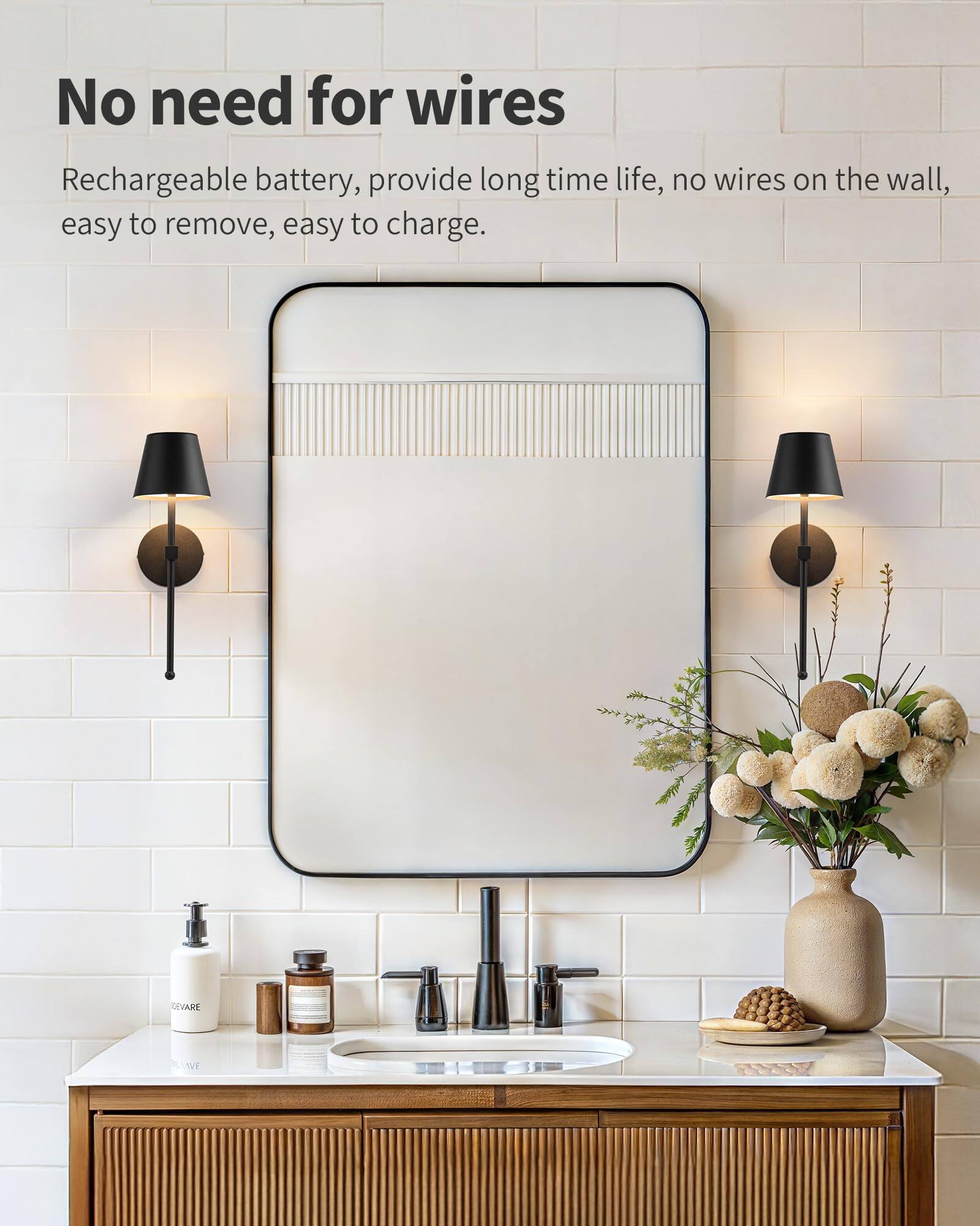 No need for wires

Rechargeable battery, provide long time life, no wires on the wall, easy to remove, easy to charge.