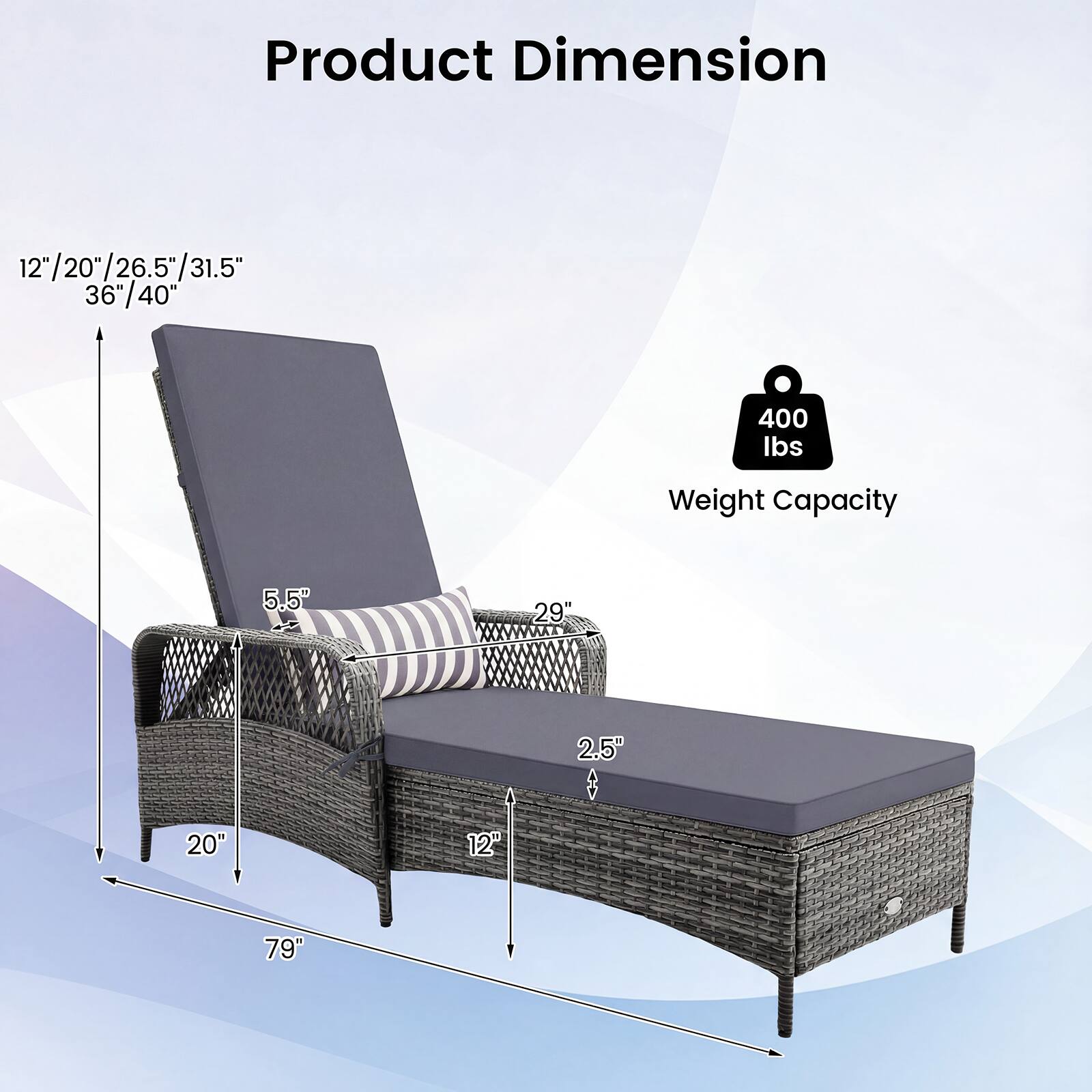 Product Dimension: 12"/20"/26.5"/31.5" 36"/40"  
Weight Capacity: 400 lbs  
Dimensions: 5.5" x 29" x 2.5" x 20" x 12" x 79"