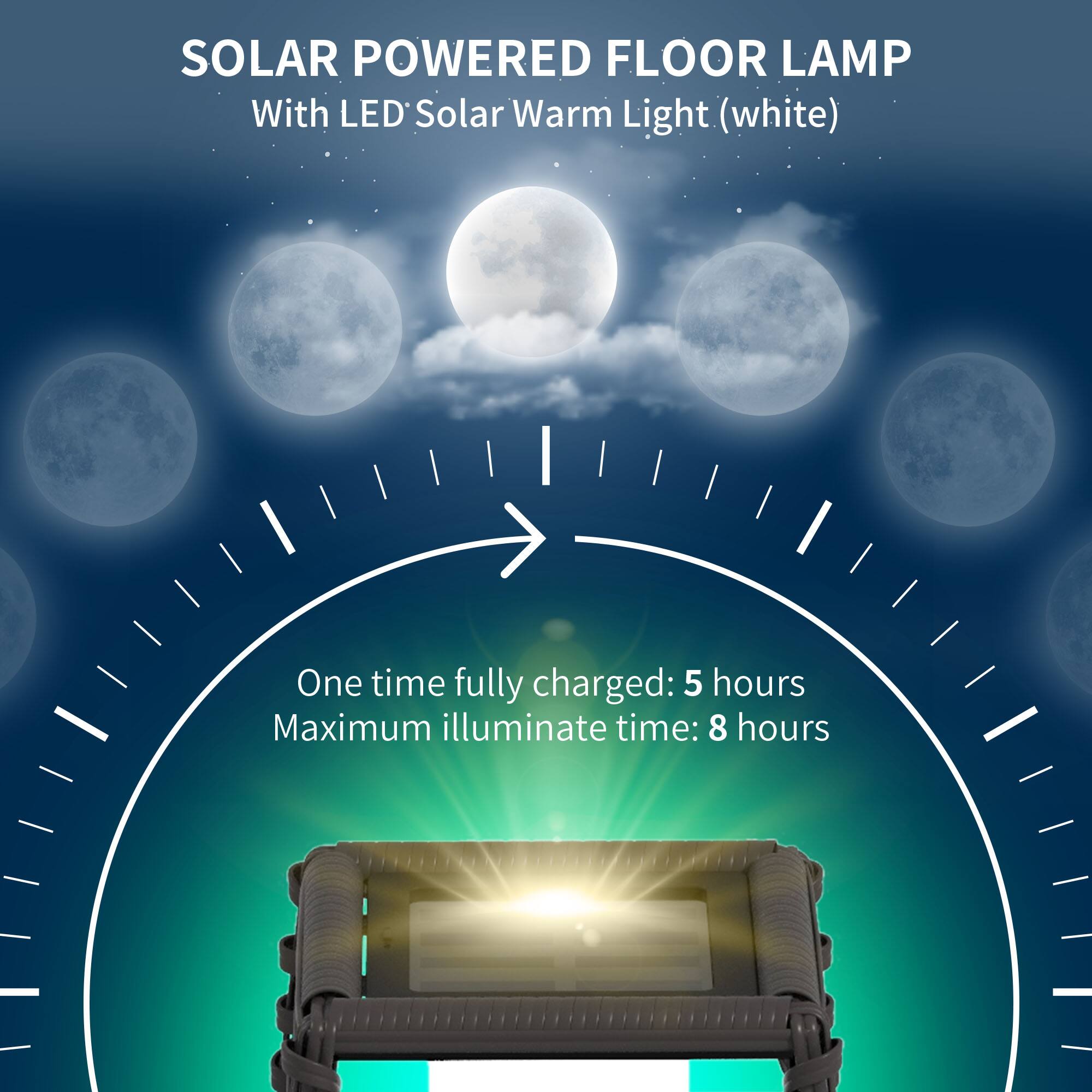 SOLAR POWERED FLOOR LAMP  
With LED Solar Warm Light (white)

One time fully charged: 5 hours  
Maximum illuminate time: 8 hours