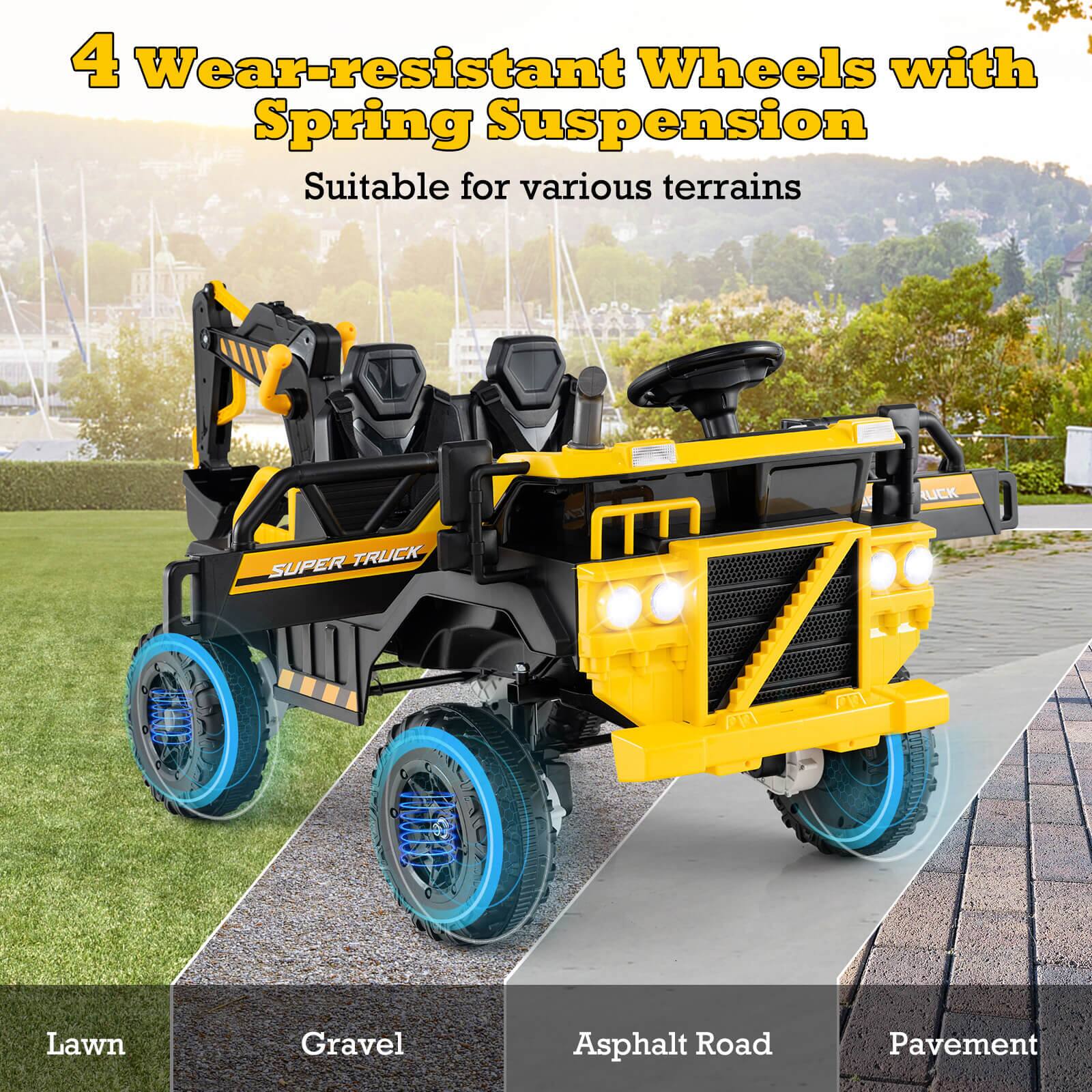 4 Wear-resistant Wheels with Spring Suspension  
Suitable for various terrains  

Lawn  
Gravel  
Asphalt Road  
Pavement