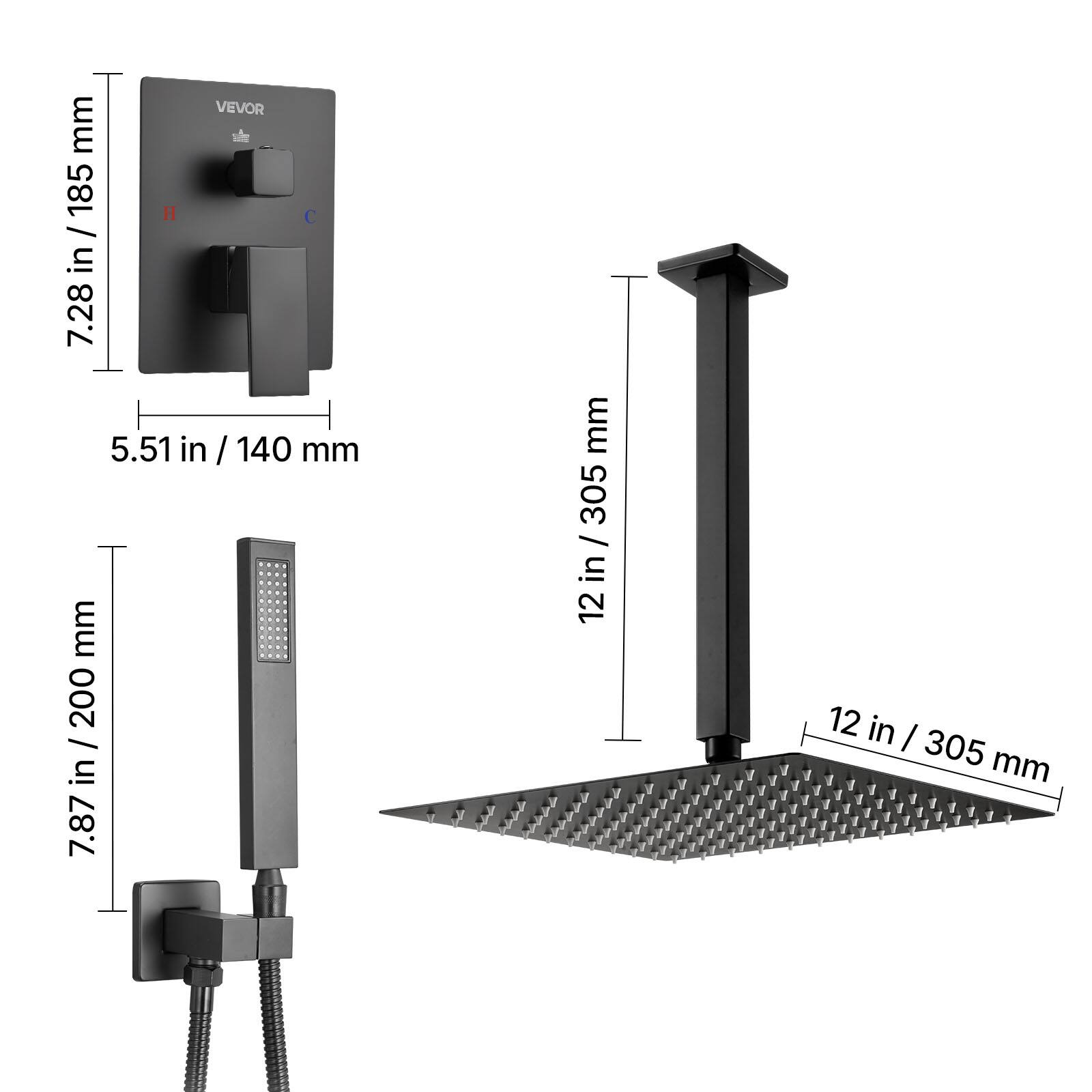VEVOR 7.28 in / 185 mm
5.51 in / 140 mm
7.87 in / 200 mm
12 in / 305 mm
12 in / 305 mm
