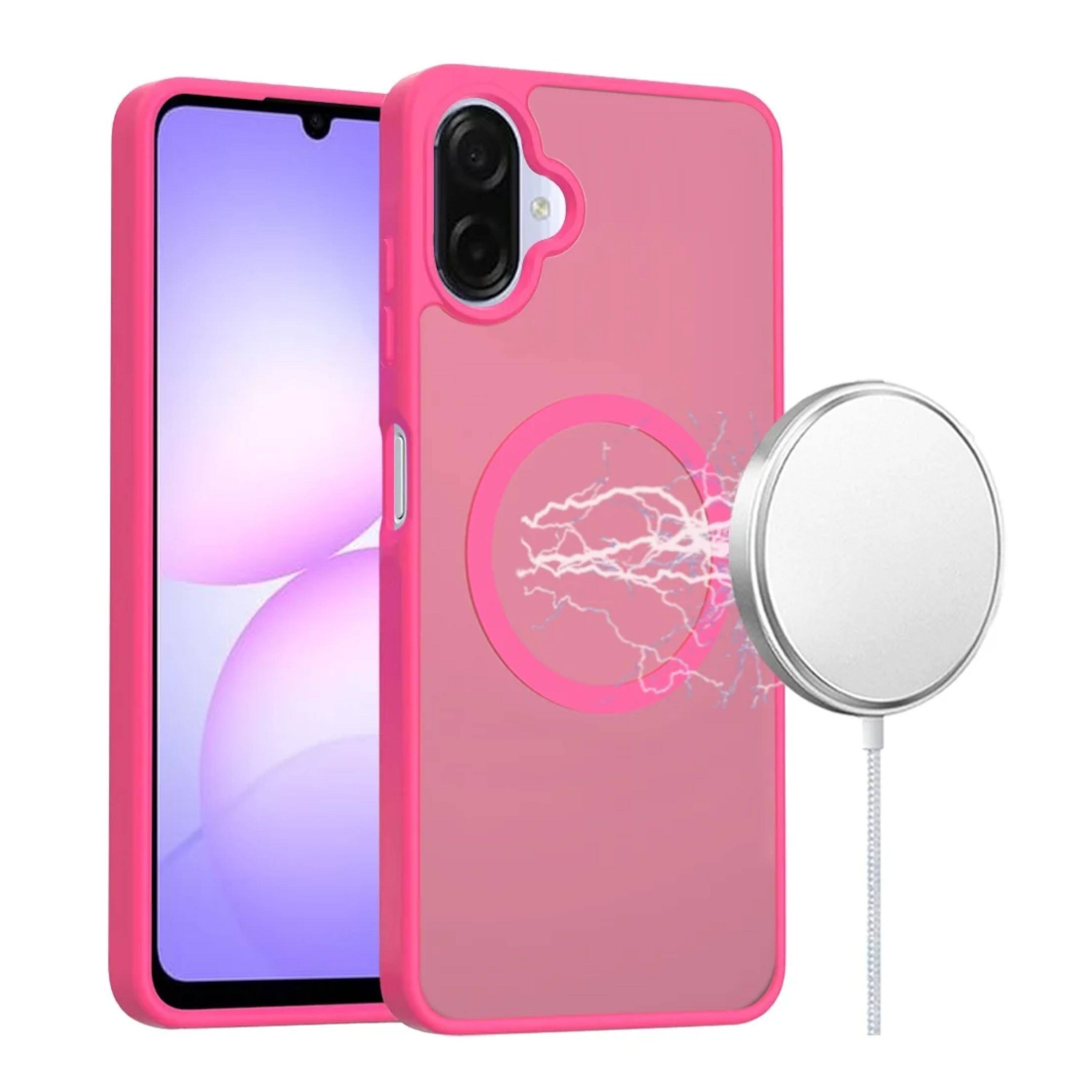 Angle. Kitcheniva - Soft Touch Magnetic Circle Frosted Back Phone Case With Tempered Glass For Samsung Galaxy A07 Hot Pink - Hot Pink.