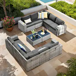 Ovios - 12 PCS Outdoor Patio Furniture Rattan Sectional Sofa with Coffee Table for Backyard - Black