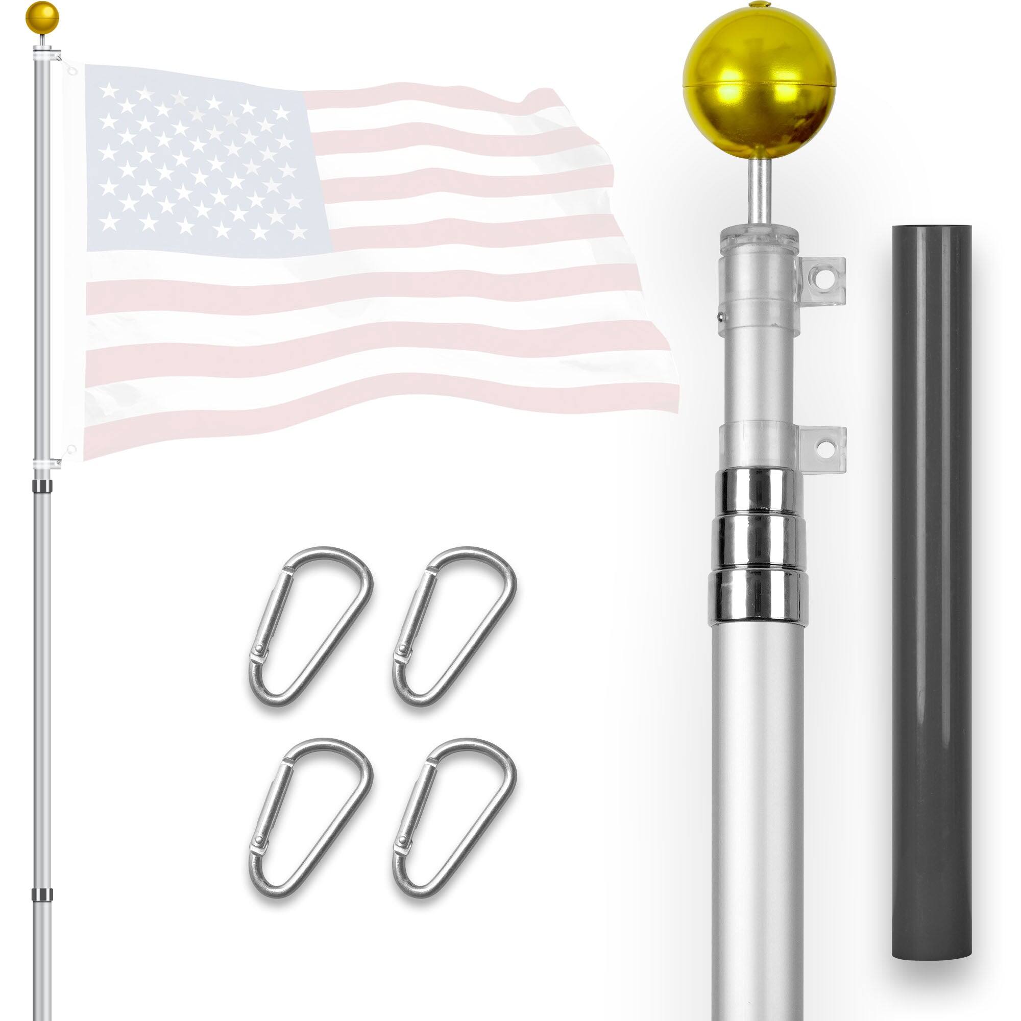 Front. G128 - G128 16 ft Telescoping Aluminum Flagpole, Silver, Heavy-Duty In-Ground Telescopic Pole, Flag Not Included - Silver.