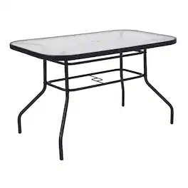 Emma + Oliver - Tala Patio Table with Tempered Glass Top with Umbrella Hole and Steel Frame - Clear Top/Black Frame