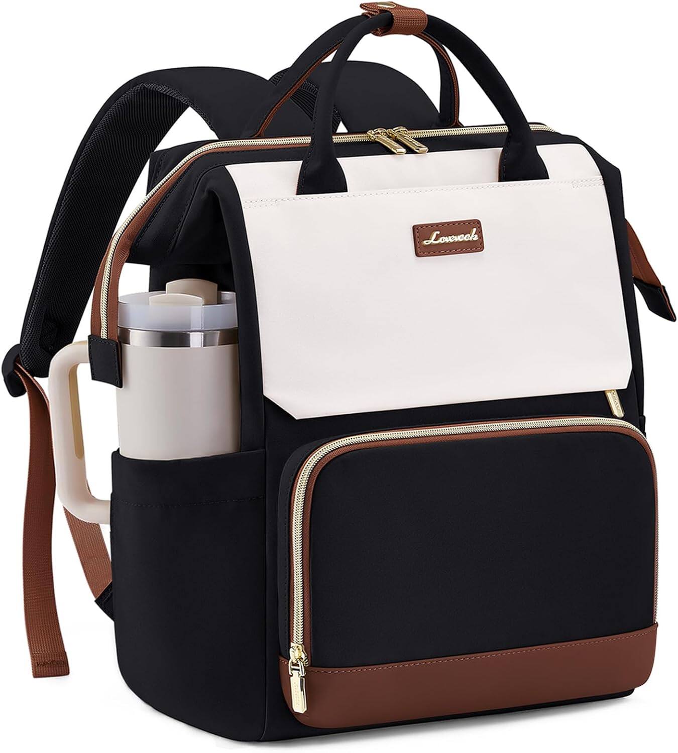 Front. Vulpecula Spade - Laptop Backpack for Women with Giant Tumbler Holder Pocket,Travel Work Backpack Purse for Nurse Teacher - Black White Brown.