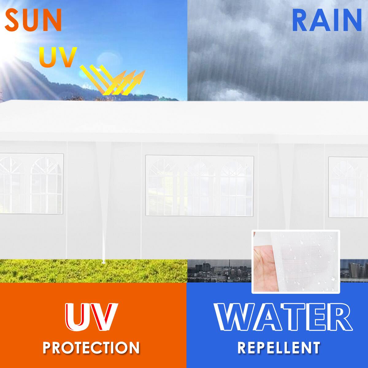 The corrected text is: "SUN UV, RAIN, UV PROTECTION, WATER REPELLENT."