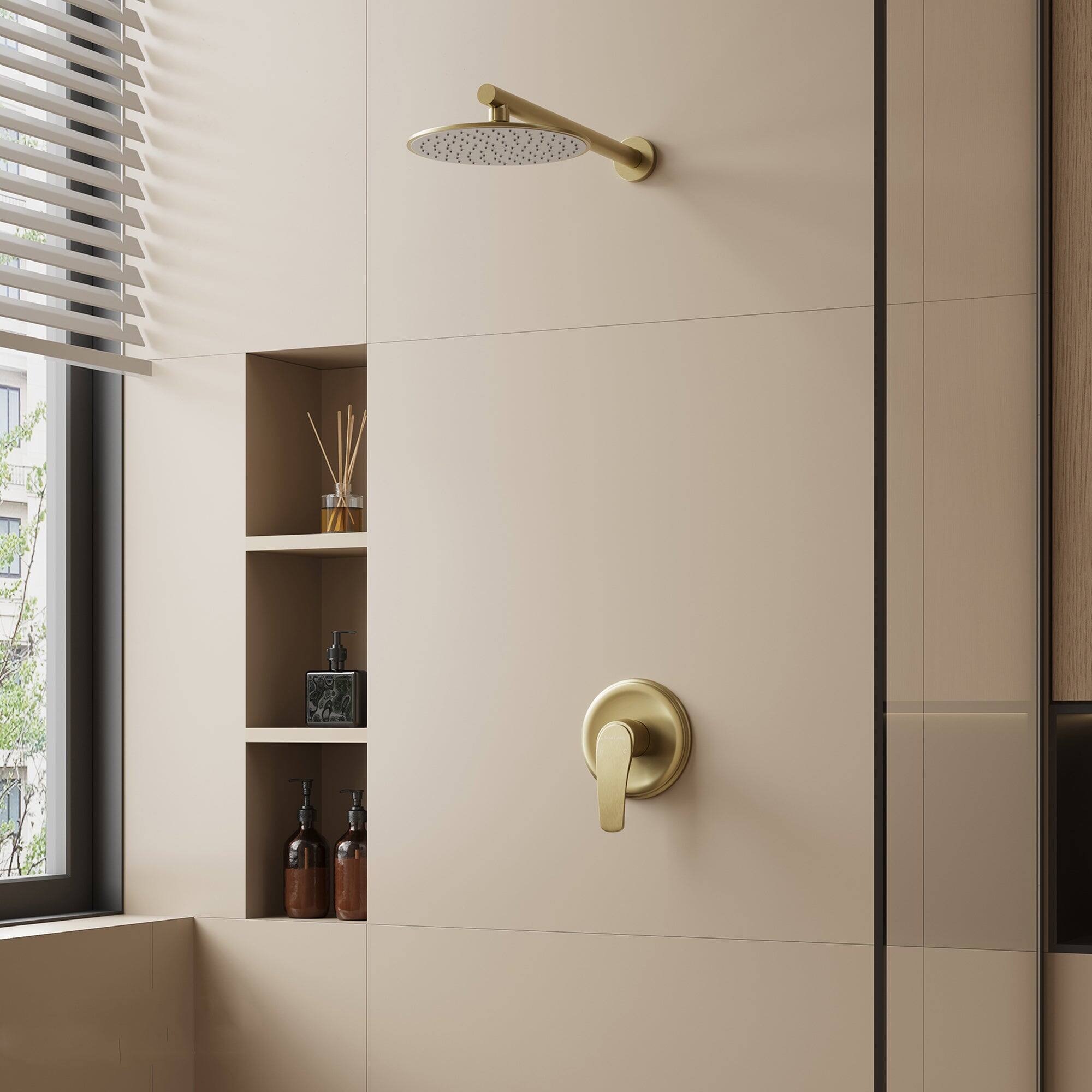 Alt View 3. Boyel Living - 1-Spray Patterns 2.5 GPM 9 in. Wall Mount Fixed Shower Head with Pressure Balance Valve and Trim in Brushed Gold - Brushed Gold.