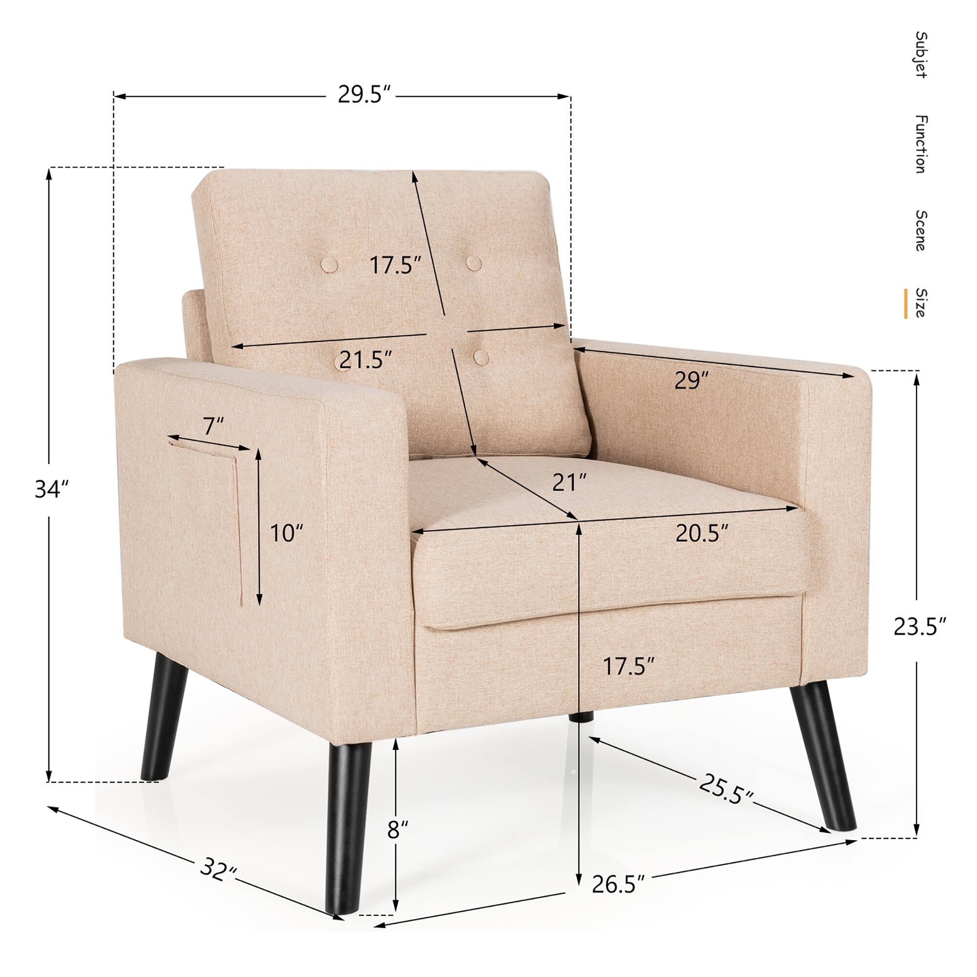 The text on the image indicates the dimensions of a chair. The chair is 29.5 inches tall, 21.5 inches wide, and 34 inches deep. The seat is 20.5 inches wide and 17.5 inches deep. The armrests are 23.5 inches wide and 32 inches deep. The chair has a total height of 26.5 inches and a total width of 25.5 inches.