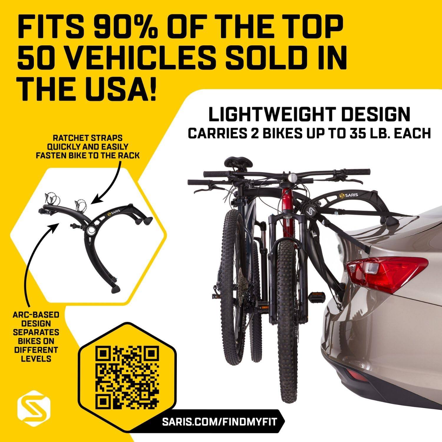 FITS 90% OF THE TOP 50 VEHICLES SOLD IN THE USA!

LIGHTWEIGHT DESIGN CARRIES 2 BIKES UP TO 35 LB. EACH

RATCHET STRAPS QUICKLY AND EASILY FASTEN BIKE TO THE RACK

ARC-BASED DESIGN SEPARATES BIKES ON DIFFERENT LEVELS

SARIS.COM/FINDMYFIT