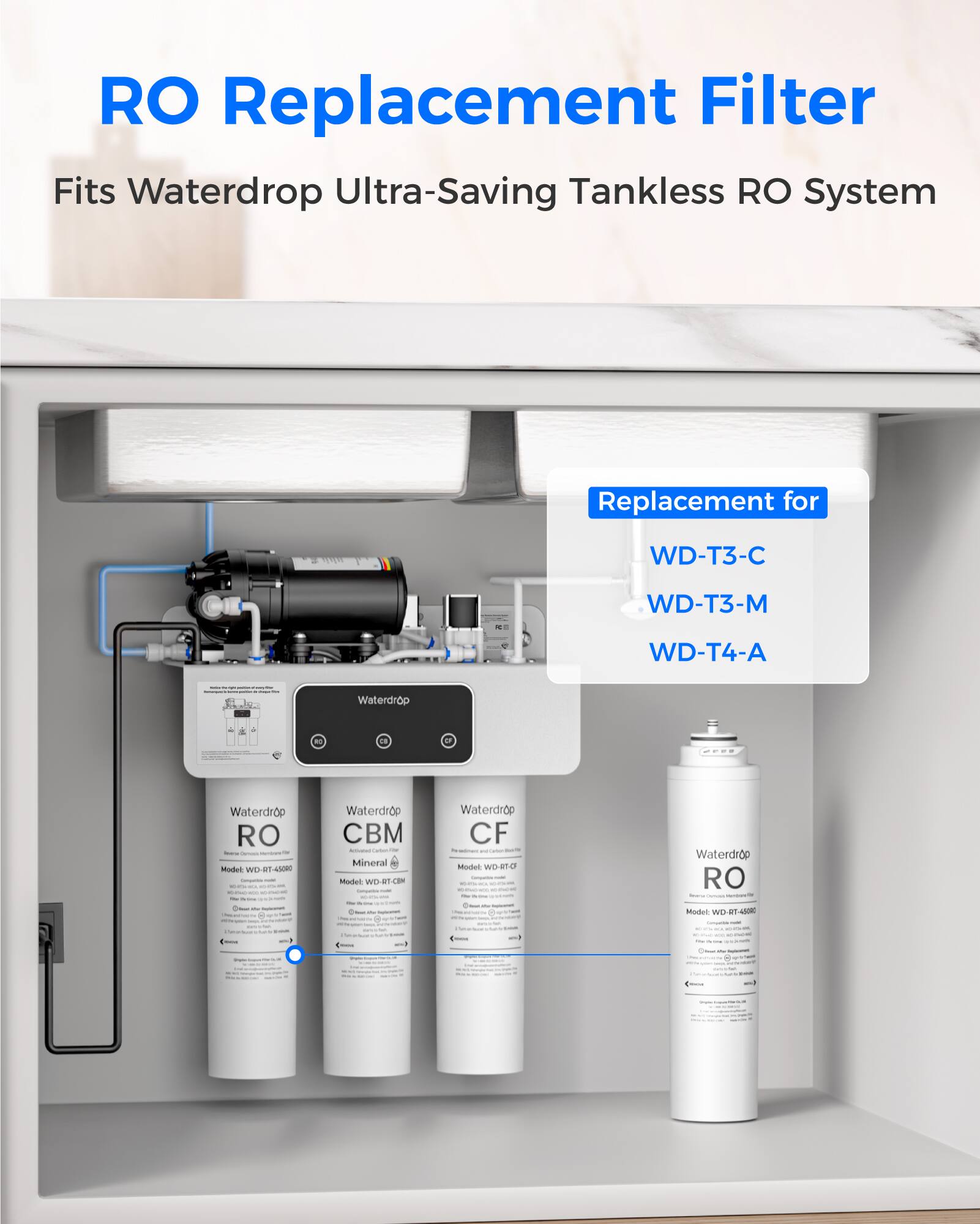 RO Replacement Filter  
Fits Waterdrop Ultra-Saving Tankless RO System  

Replacement for:  
WD-T3-C  
WD-T3-M  
WD-T4-A  

Waterdrop RO  
Model: WD-RT-4500  

Waterdrop CBM - Mineral  
Model: WD-RT-CBM  

Waterdrop CF  
Model: WD-RT-CF