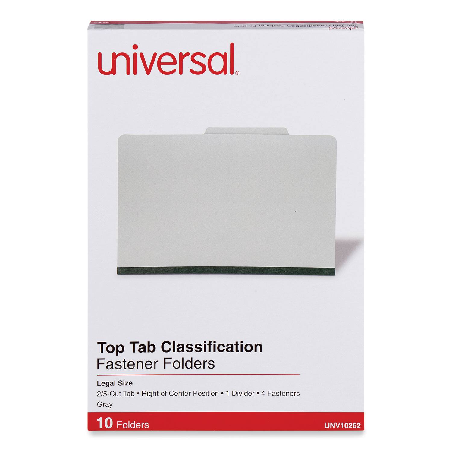 10000.0. universal. - Top Tab Classification Fastener Folders Legal Size 2/5-Cut Tab Right of Center Position 1 Divider 4 Fasteners Gray 10 Folders UNV10262