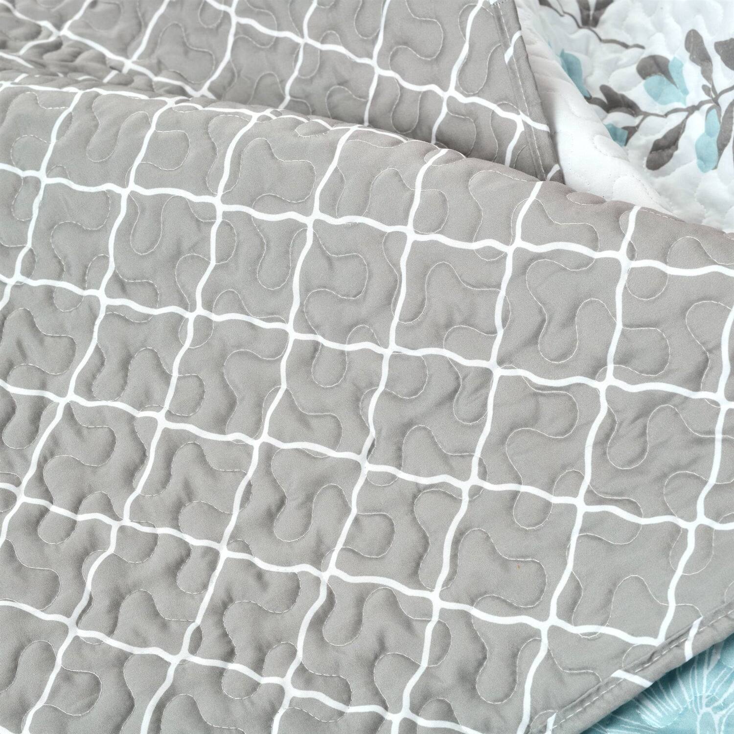 Back. Hivvago - King Size Blue Grey Floral Lightweight Thin Polyester Fabric 3-Piece Quilt Set - Blue Grey.
