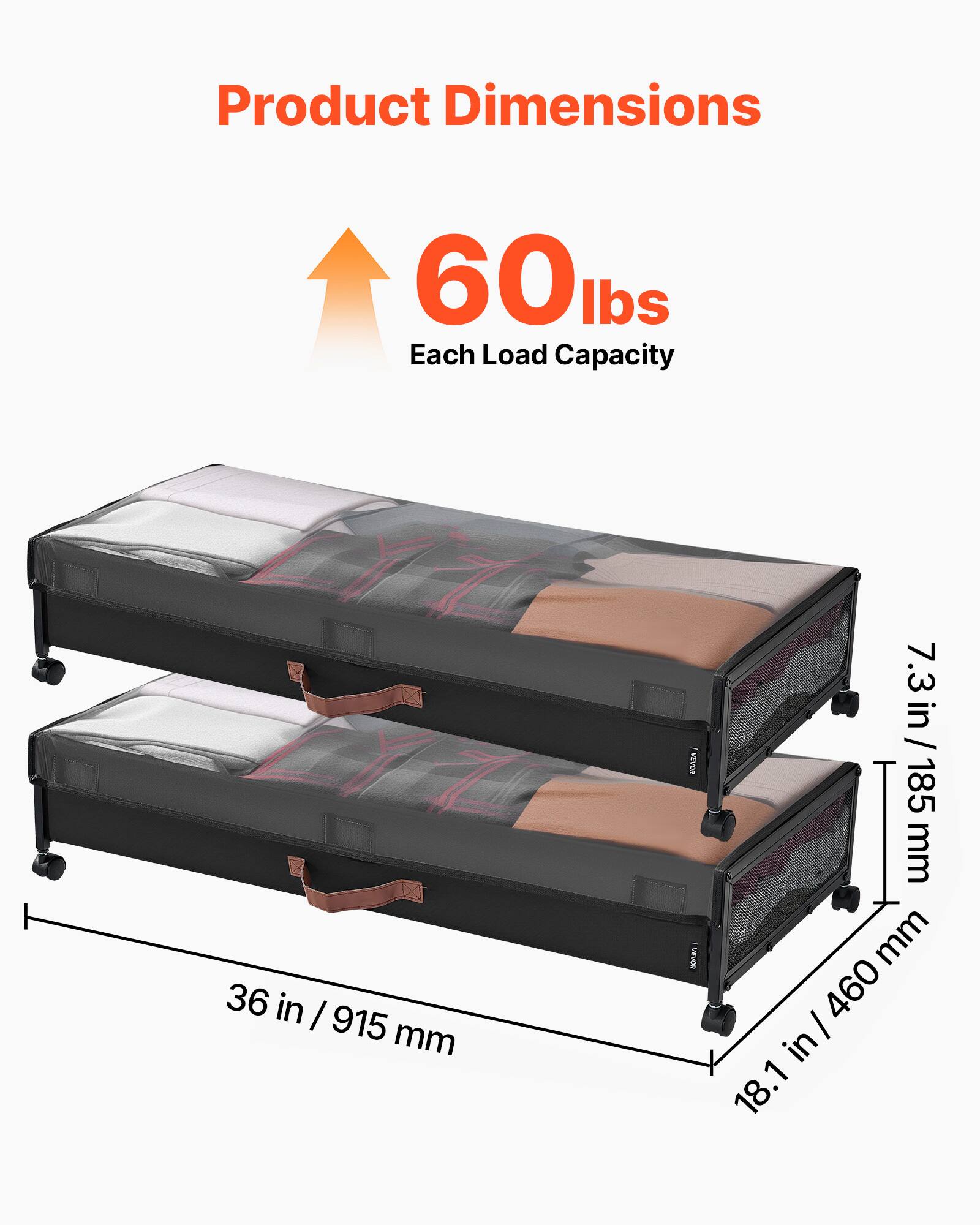 Product Dimensions: 60 lbs Each Load Capacity  
36 in / 915 mm  
7.3 in / 185 mm  
18.1 in / 460 mm