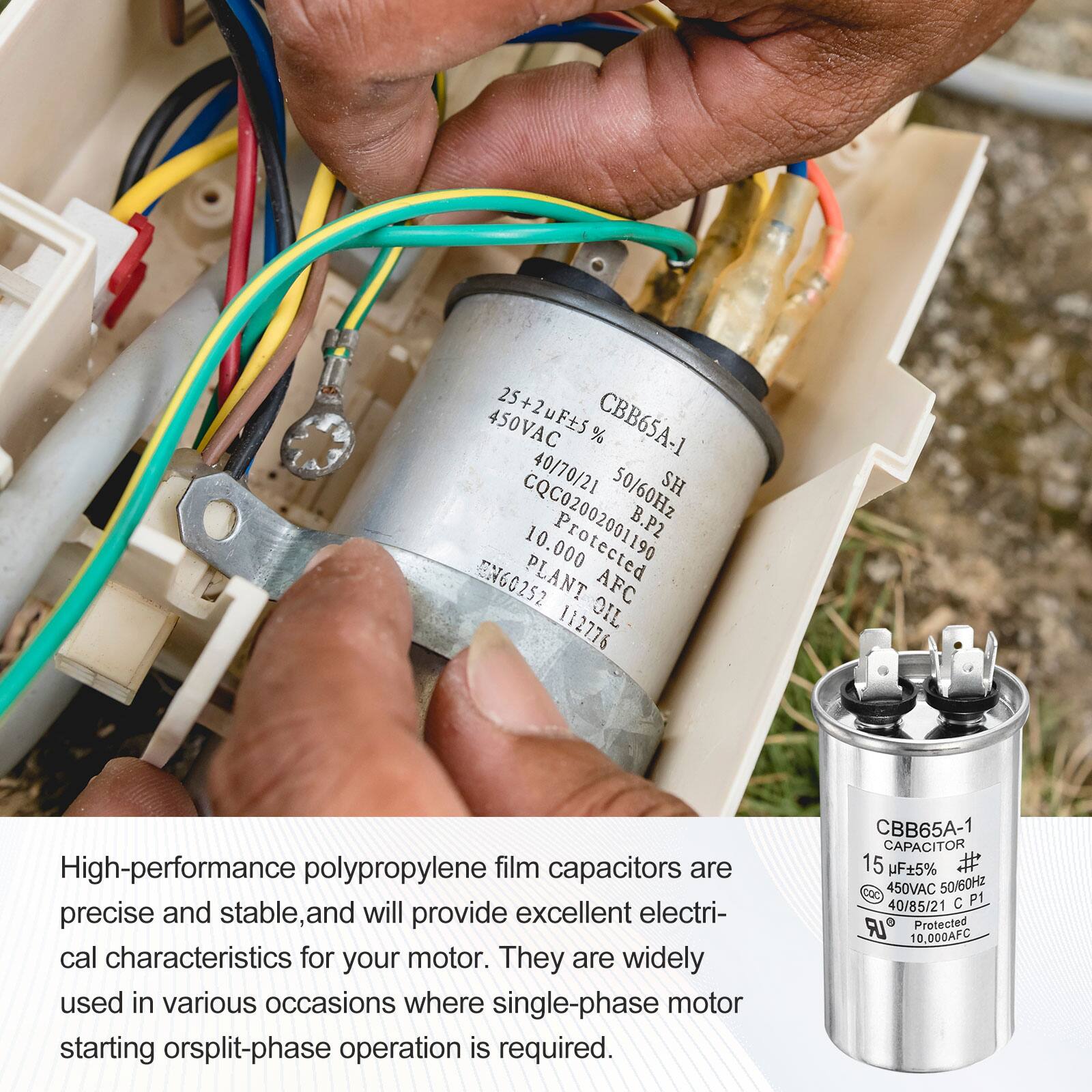 450VAC 25+2uF 5% CBB65A-1 40/70/21 50/60Hz SH CQC02002001190 10.000 Protected B.P2 ENG0252 PLANT AFC 112776 OIL

High-performance polypropylene film capacitors are precise and stable, and will provide excellent electrical characteristics for your motor. They are widely used in various occasions where single-phase motor starting or split-phase operation is required.

CBB65A-1 CAPACITOR 15 uF 5% # 450VAC 50/50Hz 40/85/21 P1 LR Protected 10.000AFC
