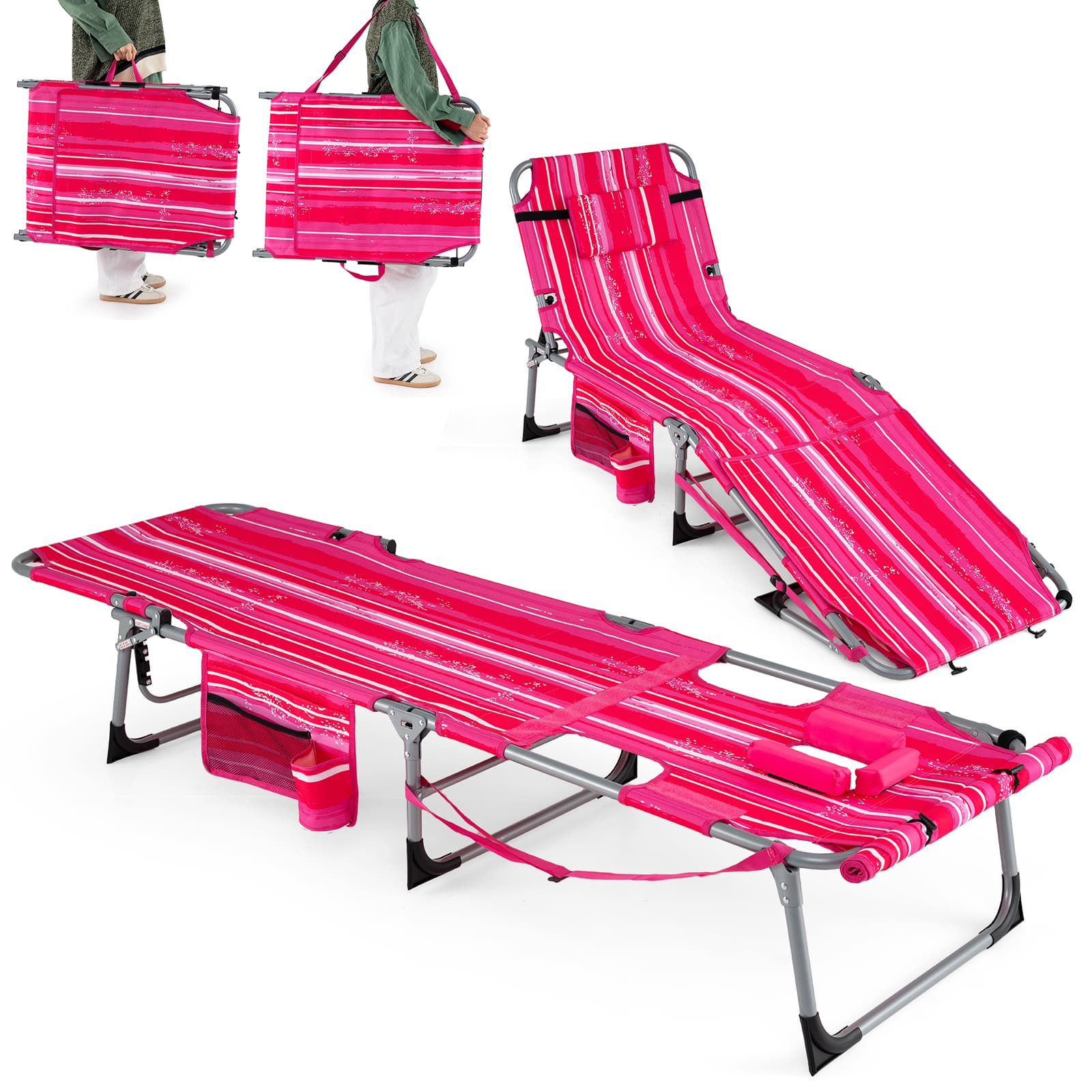 Gymax - 2PCS Tanning Chair w/Face Arm Holes 4-Level Backrest & Head Pillow Side Pocket Stripe - Pink