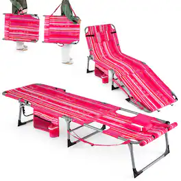 Gymax - 2PCS Tanning Chair w/Face Arm Holes 4-Level Backrest & Head Pillow Side Pocket Stripe - Pink