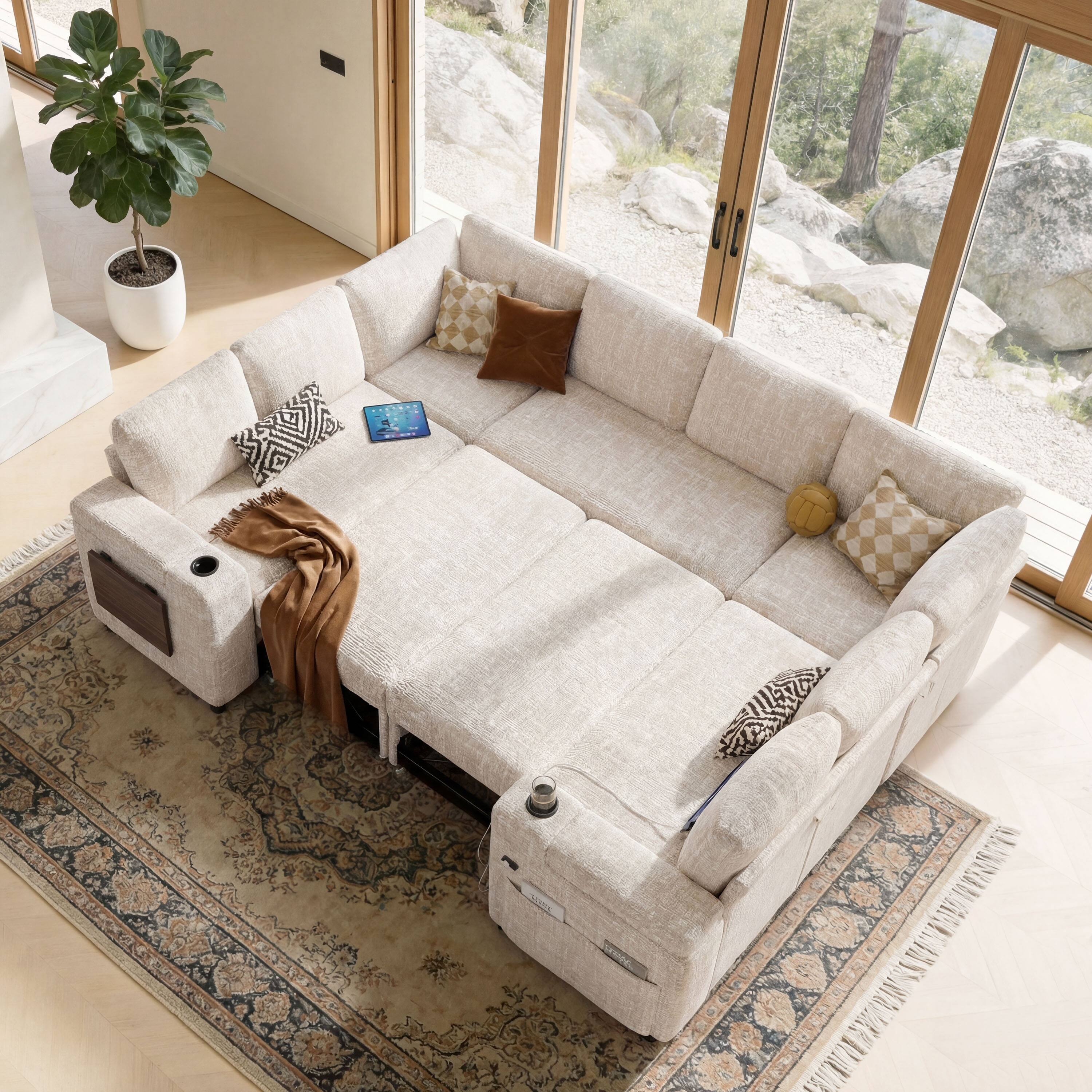 Back. Dyonery - 112" Beige Chenille 8-seater U-shaped Sectional Sleeper Sofa Bed with Pull Out Bed, USB Ports,Cup Holders, Side Pockets - Beige.