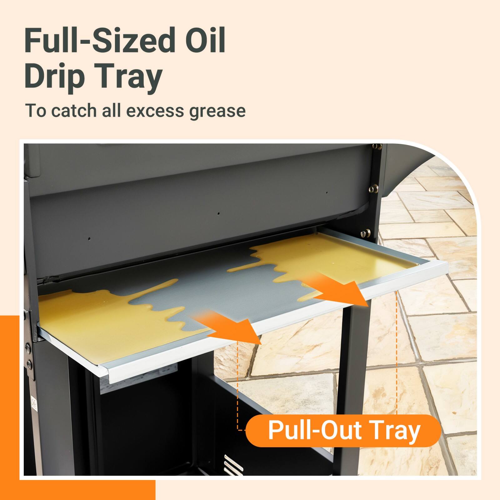 Full-Sized Oil Drip Tray  
To catch all excess grease  

Pull-Out Tray